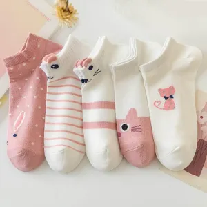 5 Pairs Cute Pink Cat Low Tube Socks - Trendy and Comfortable Boat Socks