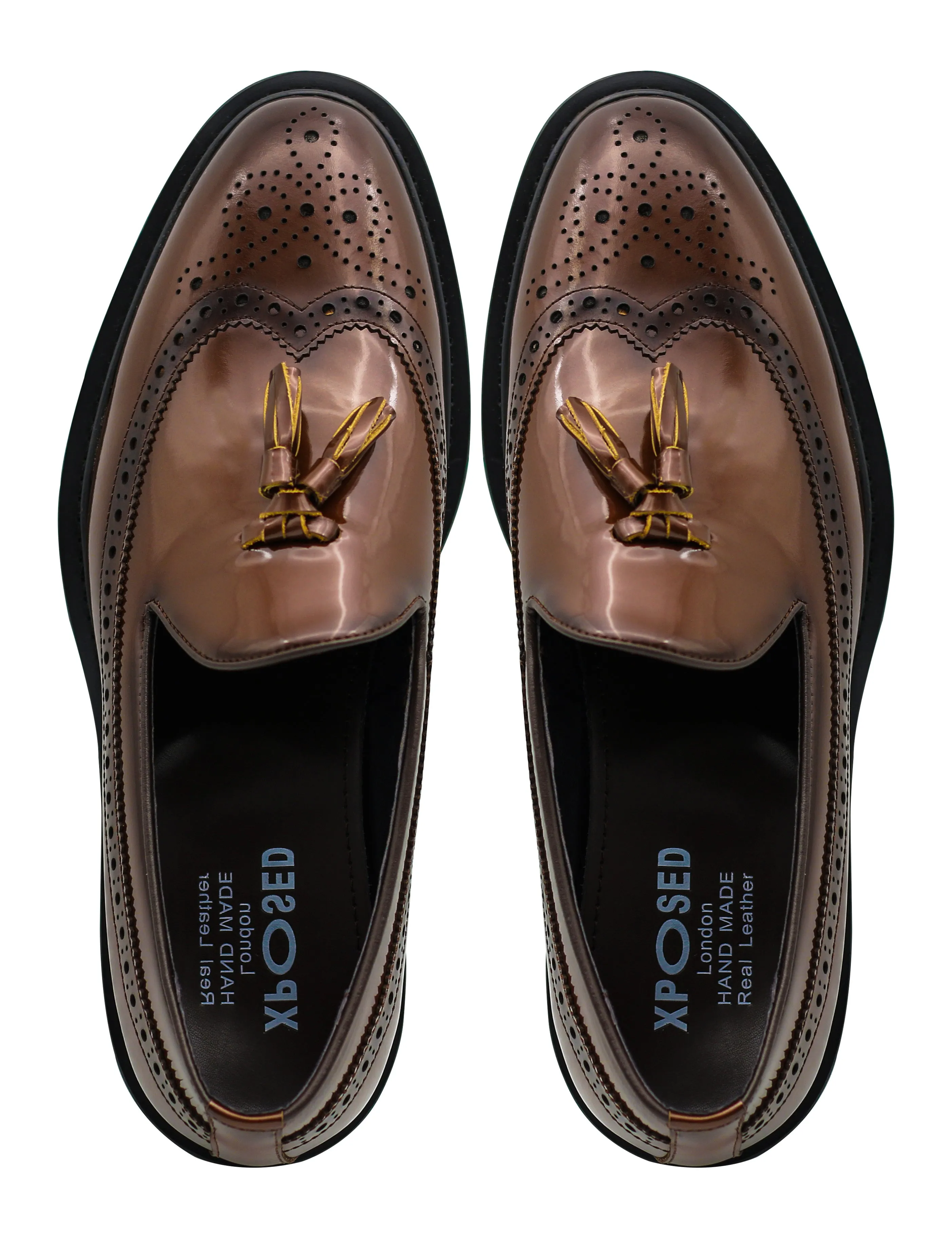 BROWN GLOSS POLISHED LEATHER TASSEL LOAFERS
