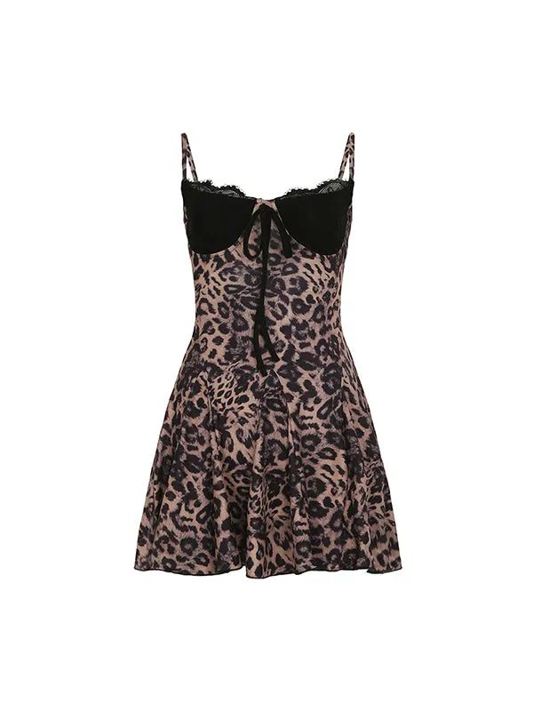 Brown Y2k strappy leopard lace dress