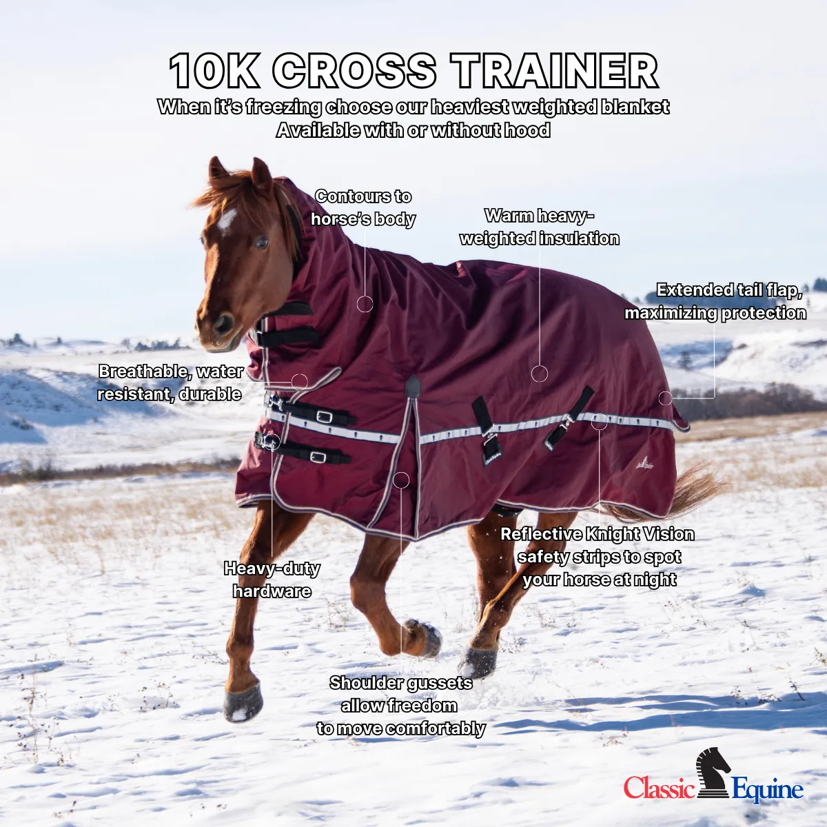 Classic Equine 10K Cross Trainer Turnout Blanket w/ Attached Hood- Indigo