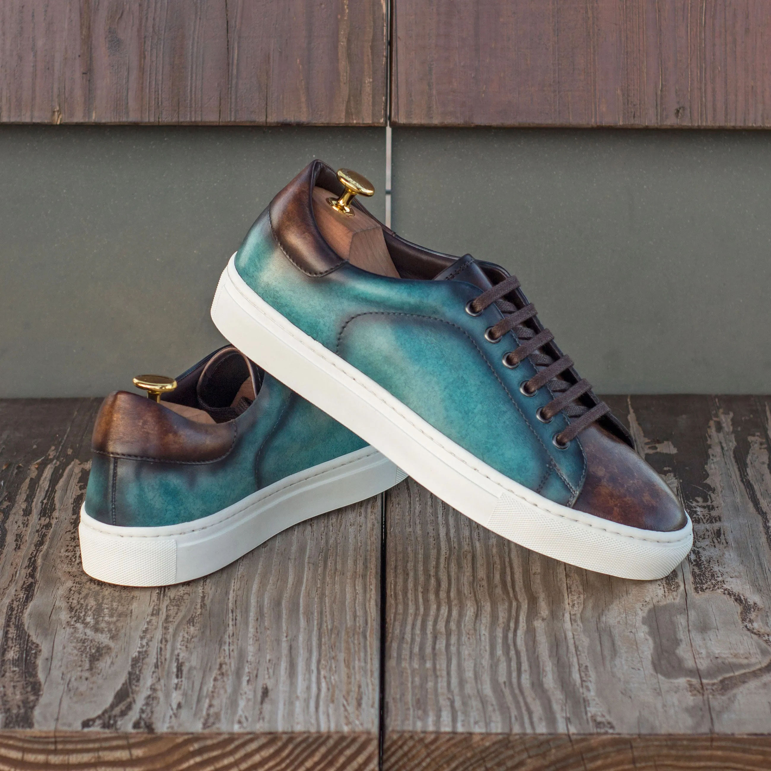DapperFam Rivale in Denim / Dark Brown Men's Hand-Painted Italian Leather Trainer