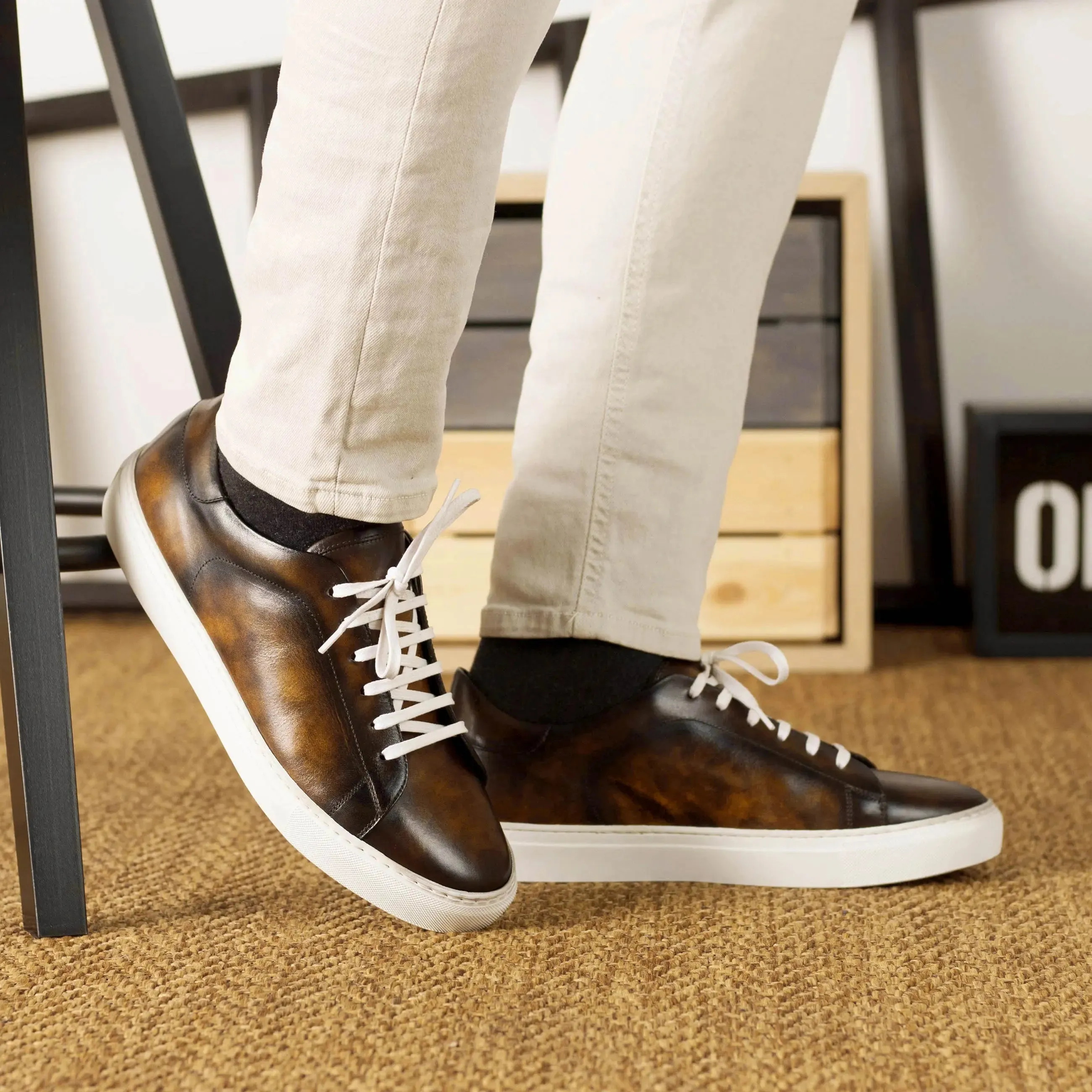 DapperFam Rivale in Tobacco Men's Hand-Painted Patina Trainer