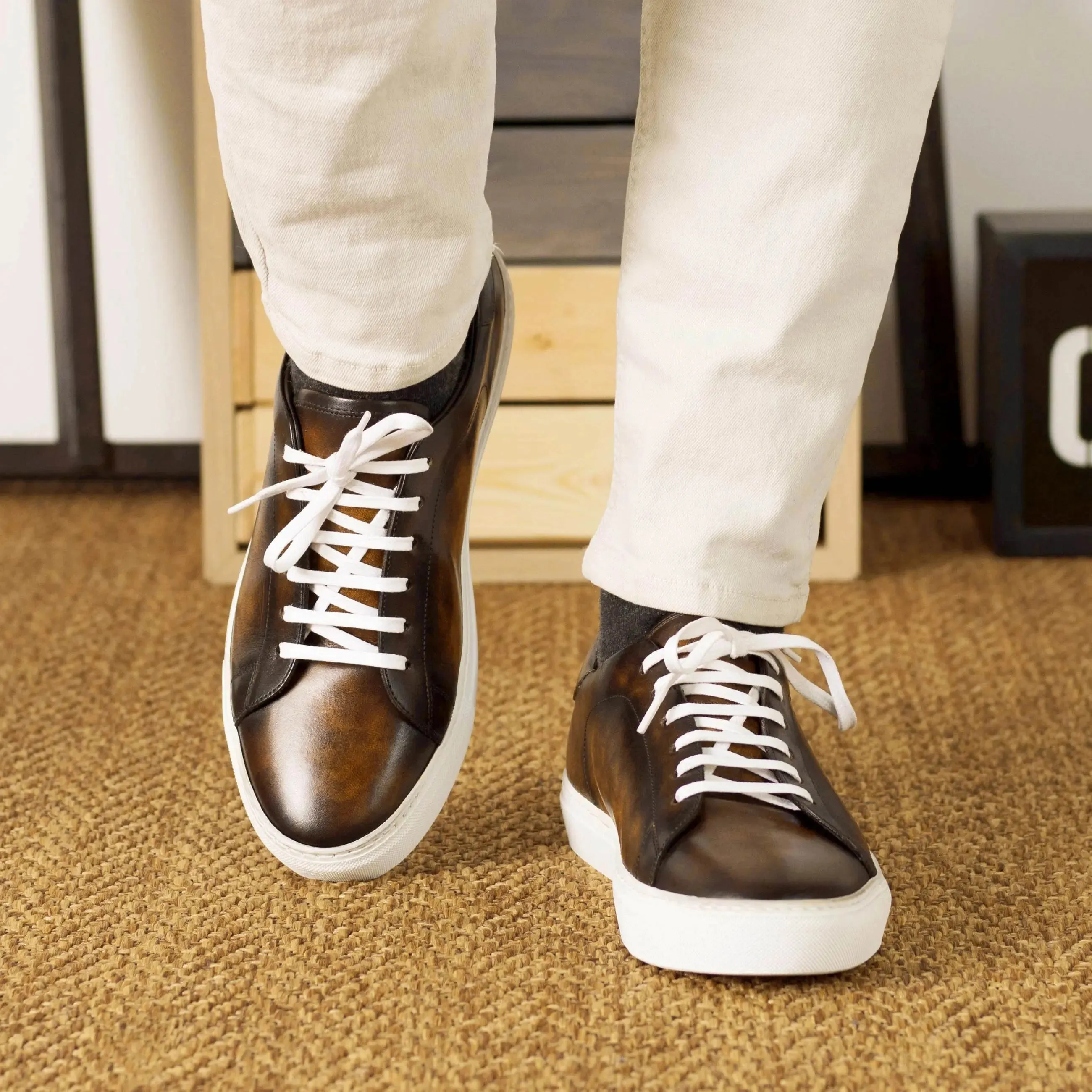 DapperFam Rivale in Tobacco Men's Hand-Painted Patina Trainer