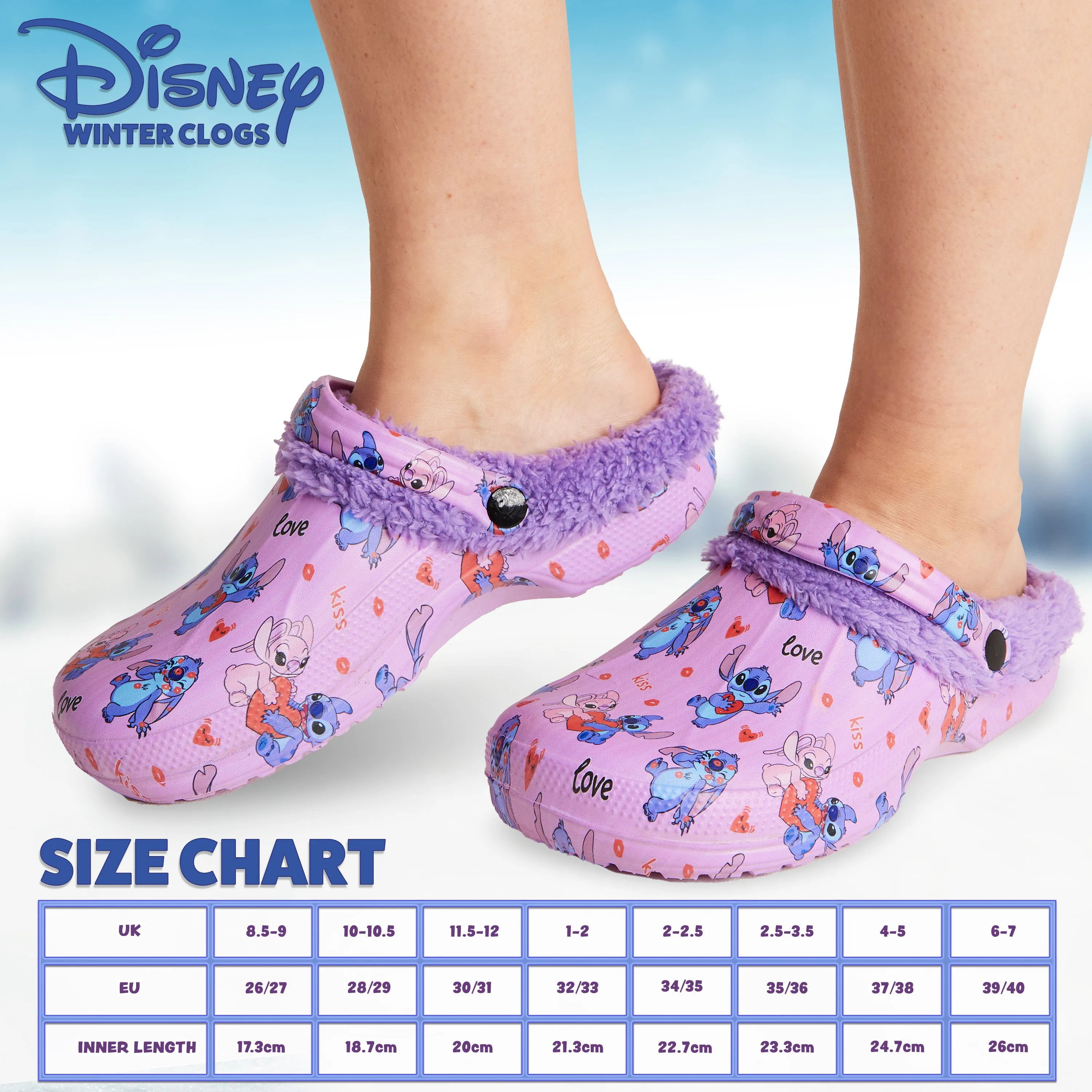 Disney Stitch Clogs Womens Winter Fleece Lining & Removable Charms - Warm Slip On Garden Shoes with Strap