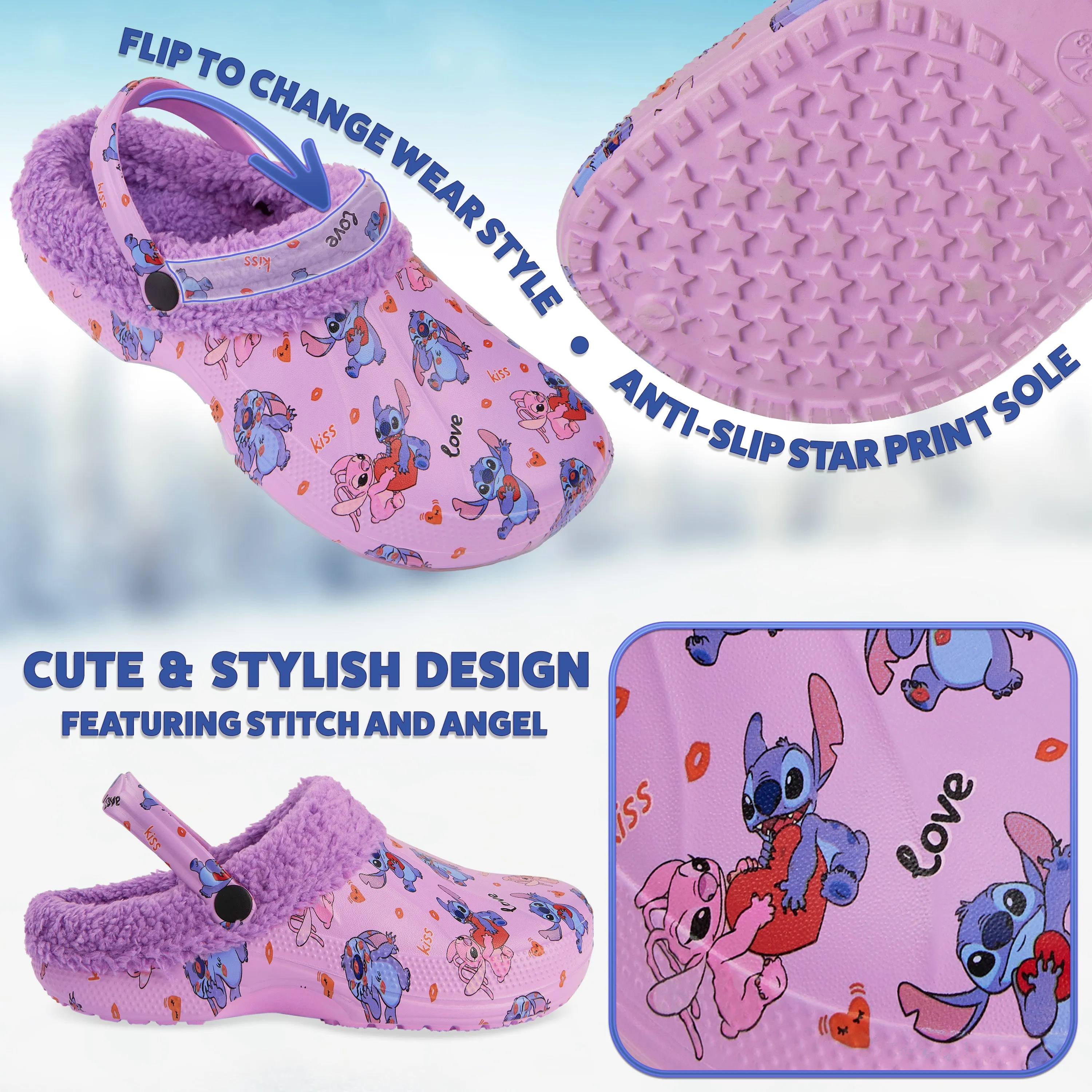 Disney Stitch Clogs Womens Winter Fleece Lining & Removable Charms - Warm Slip On Garden Shoes with Strap