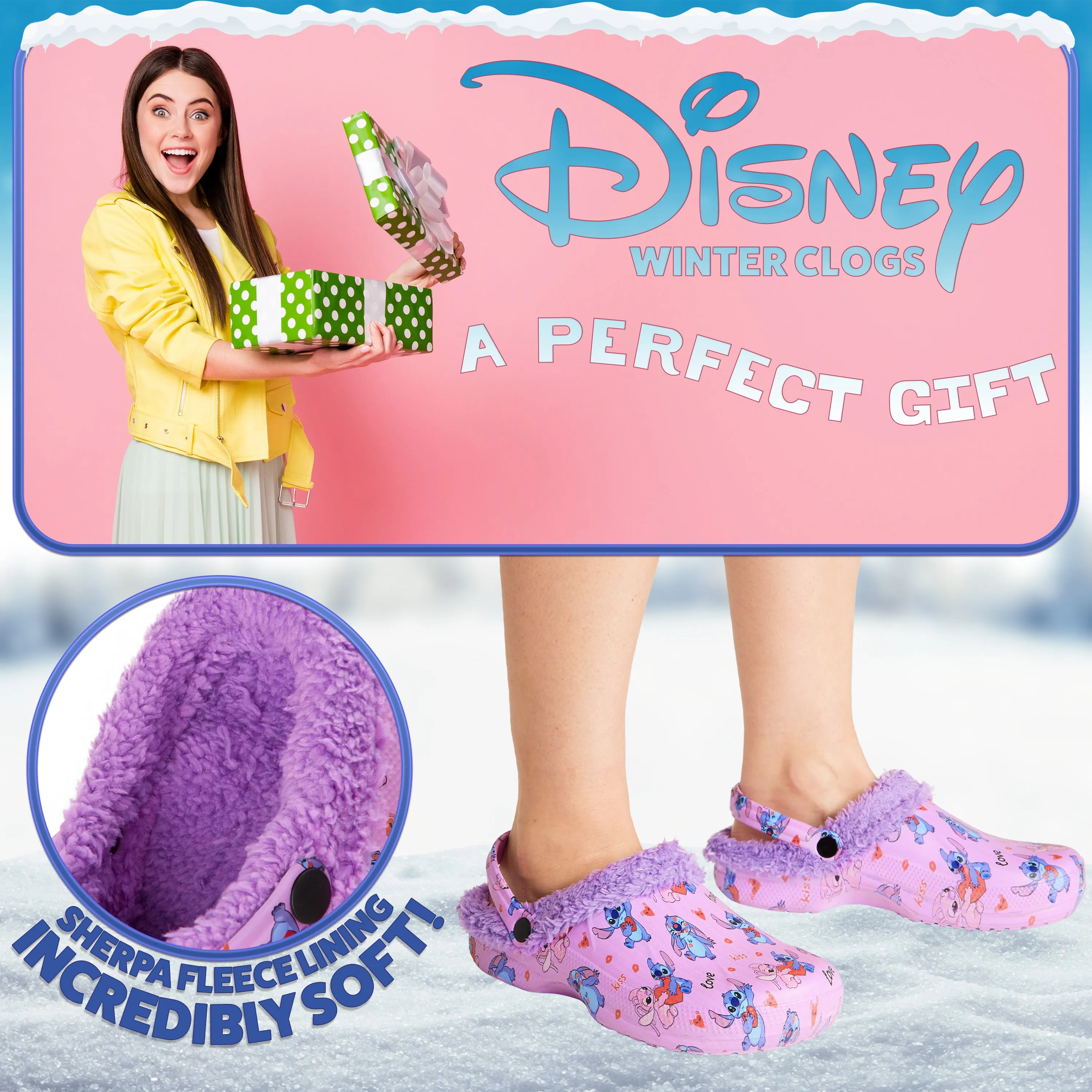 Disney Stitch Clogs Womens Winter Fleece Lining & Removable Charms - Warm Slip On Garden Shoes with Strap