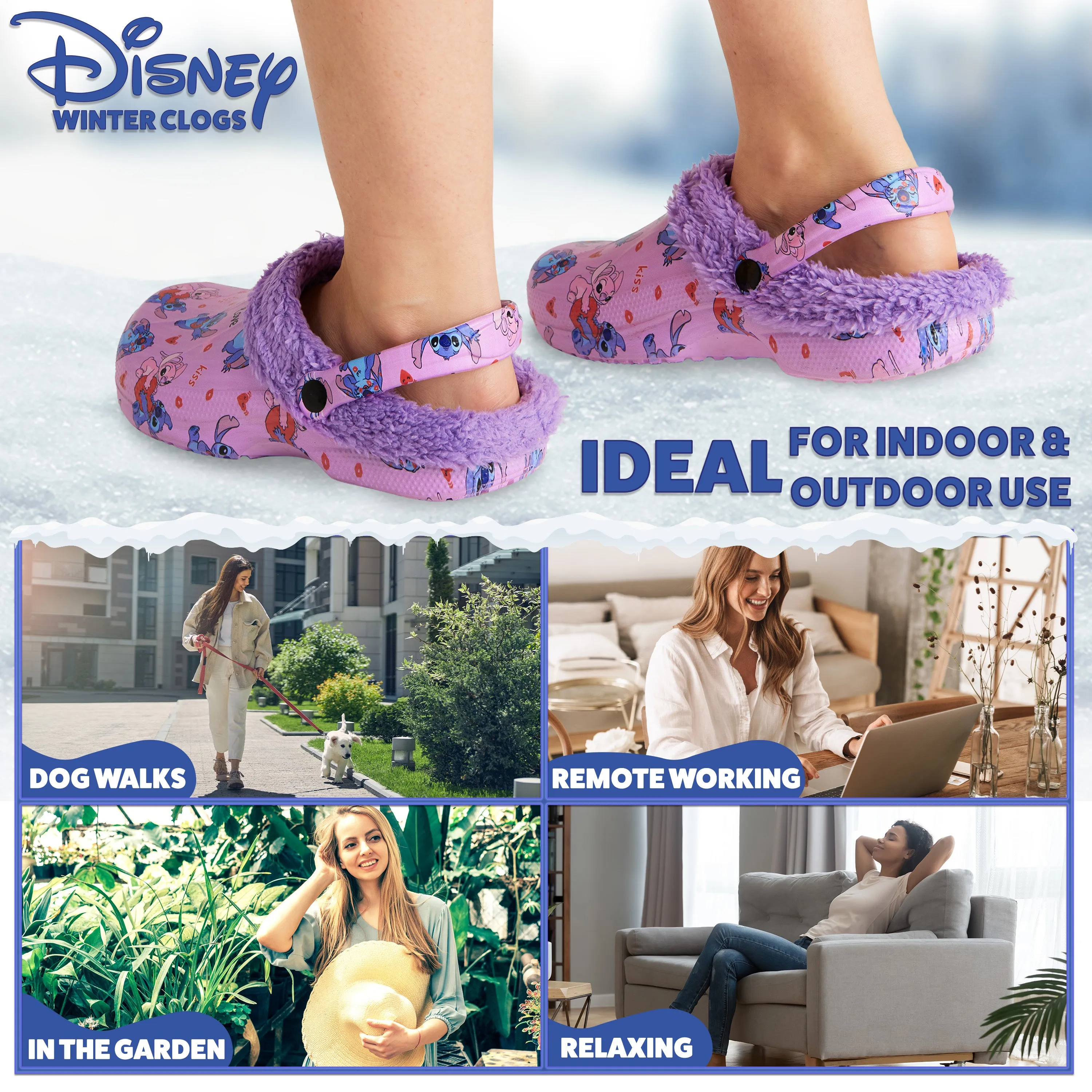 Disney Stitch Clogs Womens Winter Fleece Lining & Removable Charms - Warm Slip On Garden Shoes with Strap