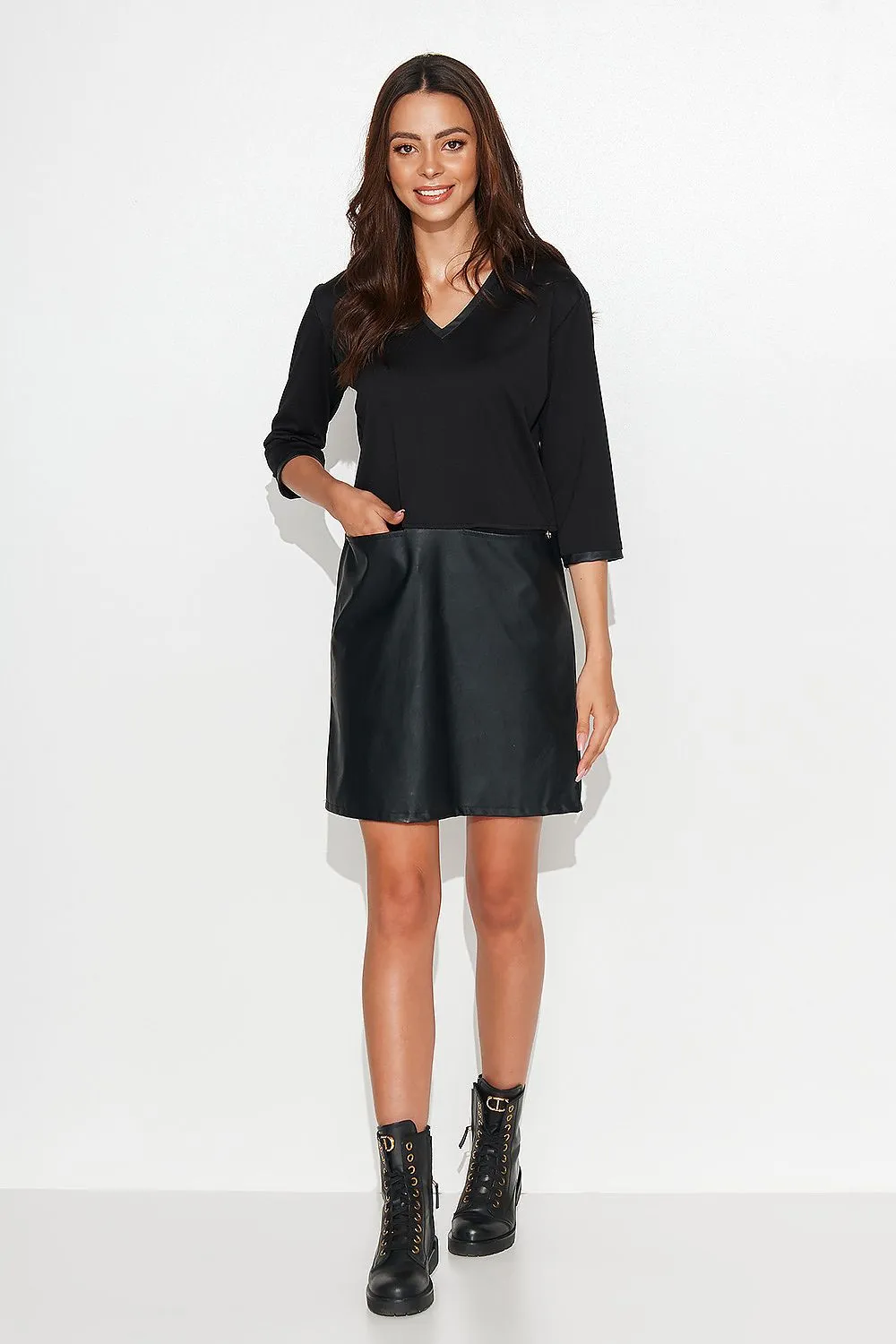 Eco-Leather Trimmed Casual Dress