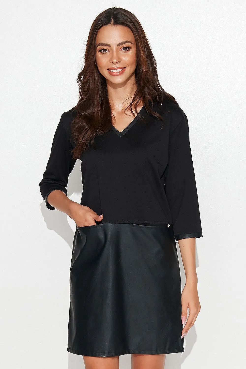 Eco-Leather Trimmed Casual Dress