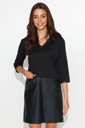 Eco-Leather Trimmed Casual Dress