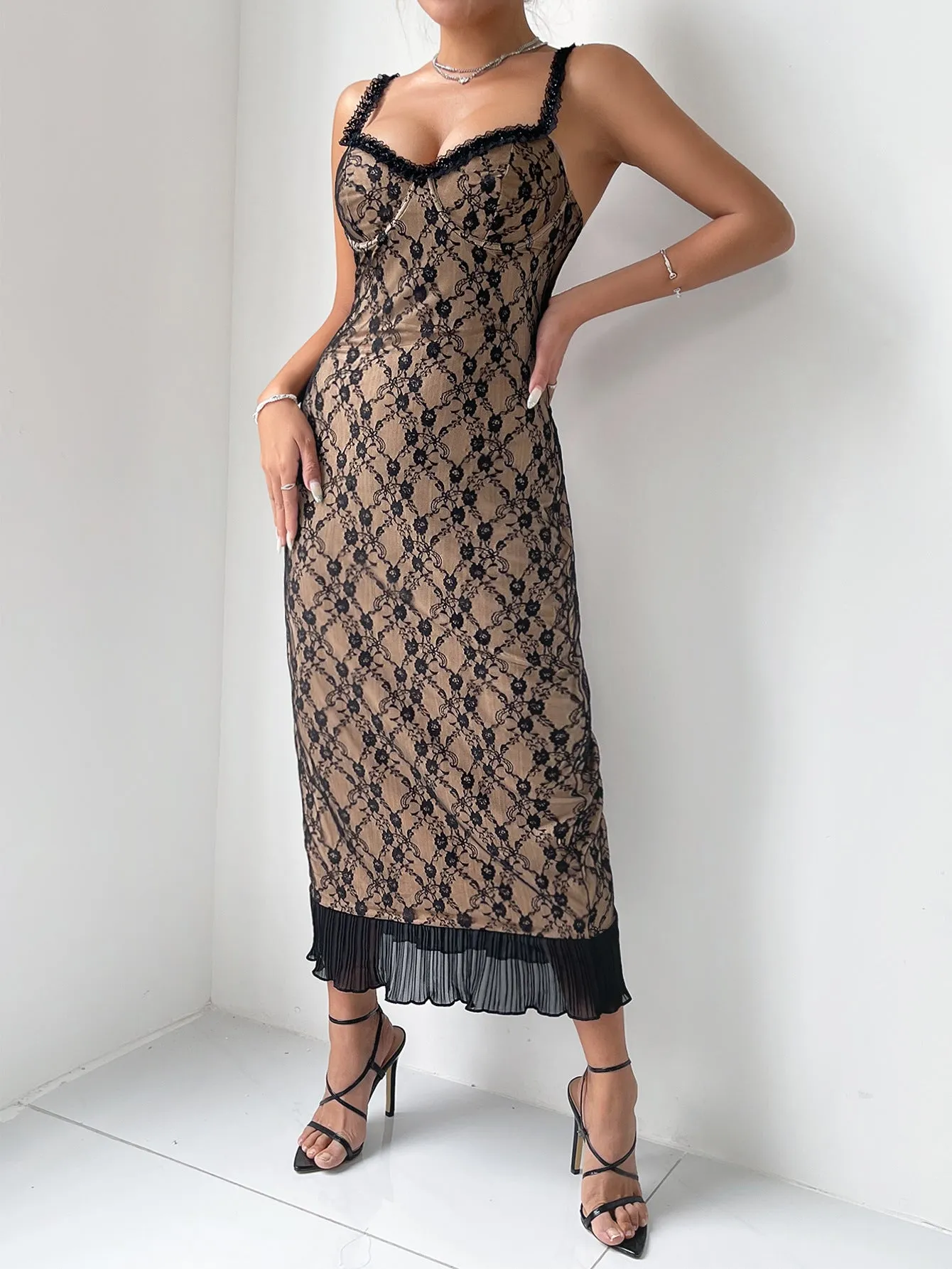 Elegant Vintage Lace Sheer Overlay Midi Dress with Pleated Hem