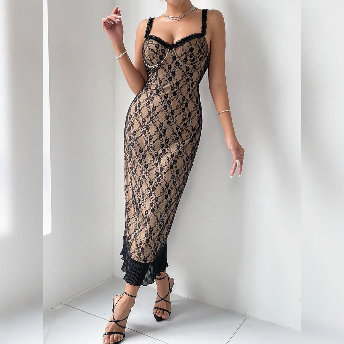 Elegant Vintage Lace Sheer Overlay Midi Dress with Pleated Hem