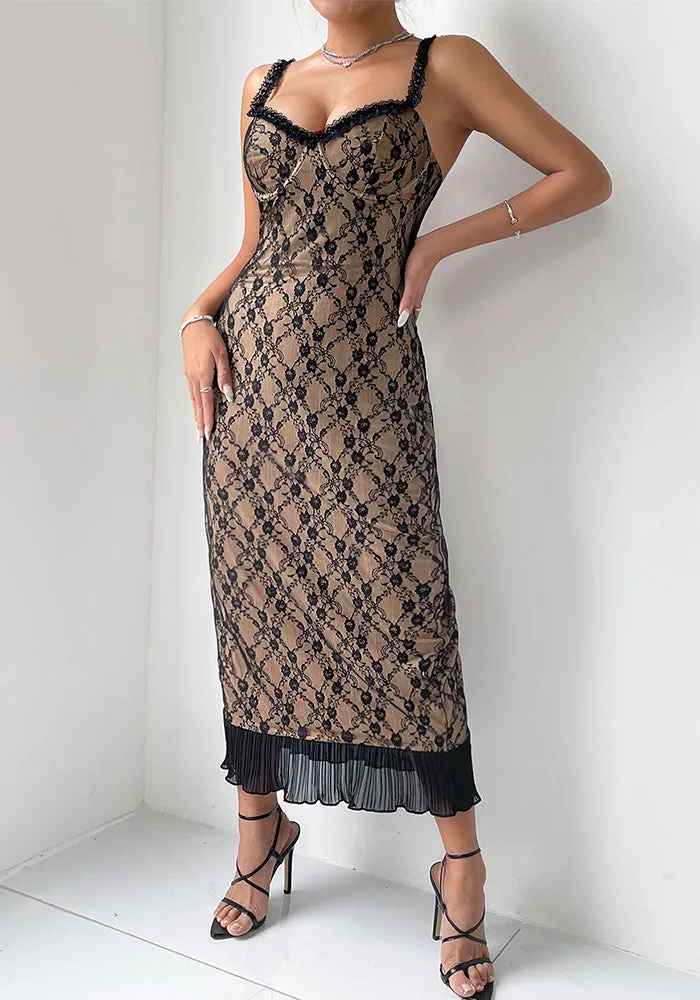 Elegant Vintage Lace Sheer Overlay Midi Dress with Pleated Hem