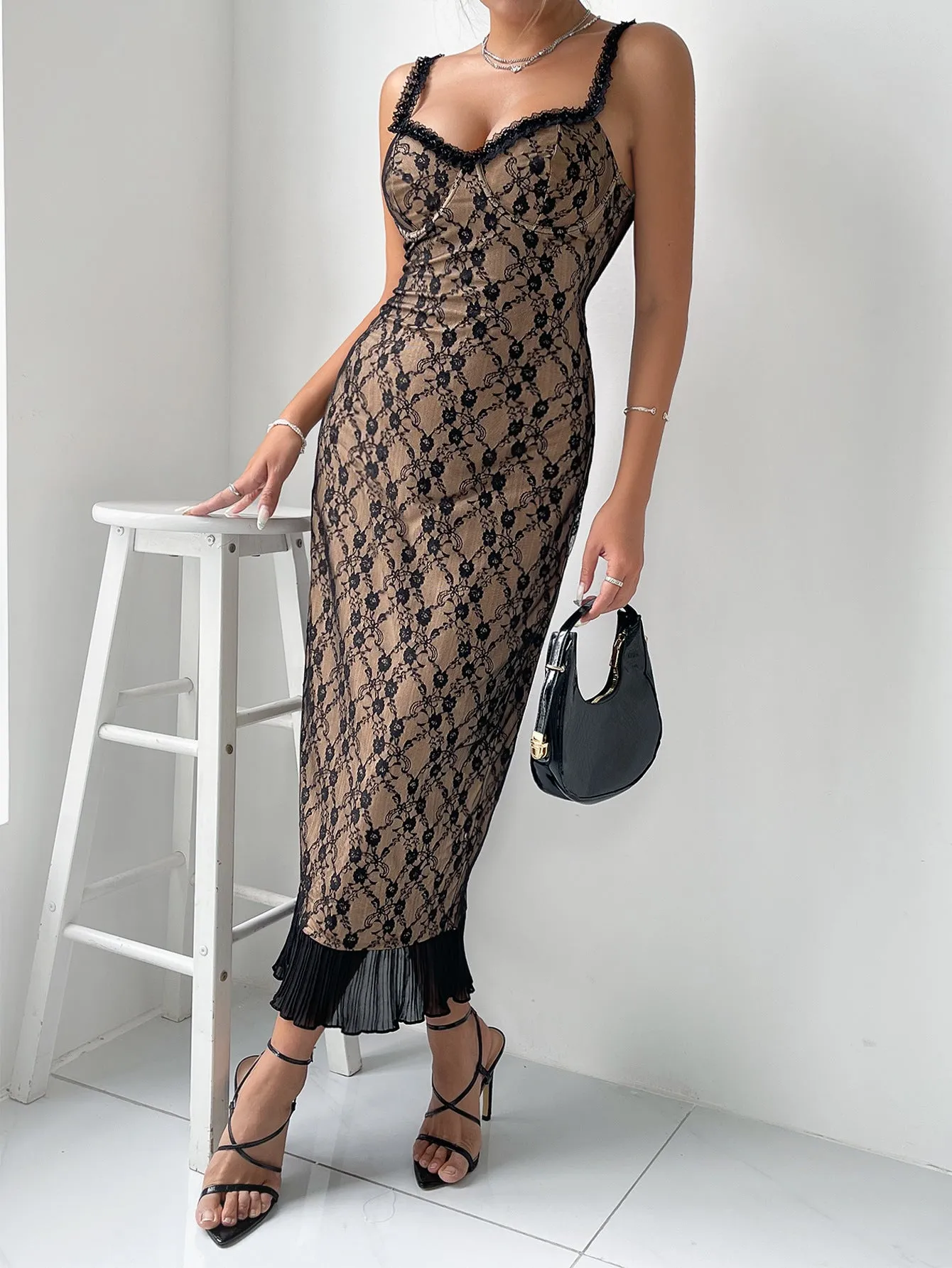 Elegant Vintage Lace Sheer Overlay Midi Dress with Pleated Hem