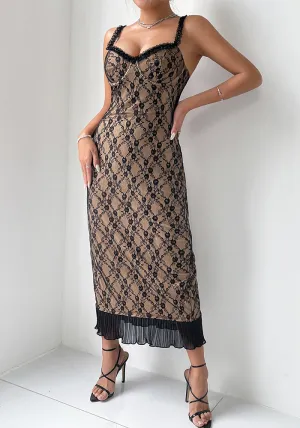 Elegant Vintage Lace Sheer Overlay Midi Dress with Pleated Hem