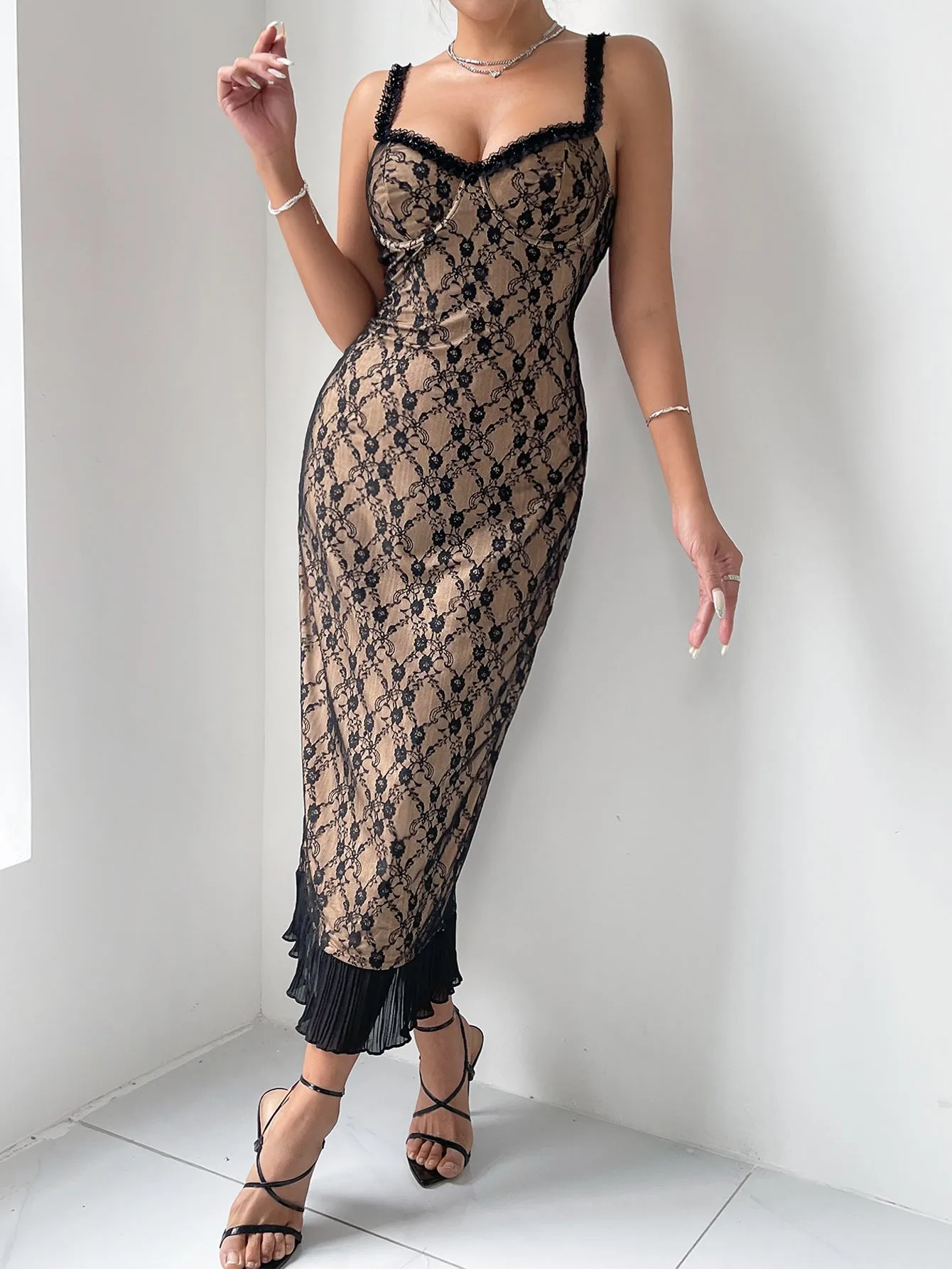 Elegant Vintage Lace Sheer Overlay Midi Dress with Pleated Hem