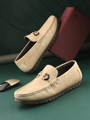 Hitz Men's Beige Leather Casual Loafers