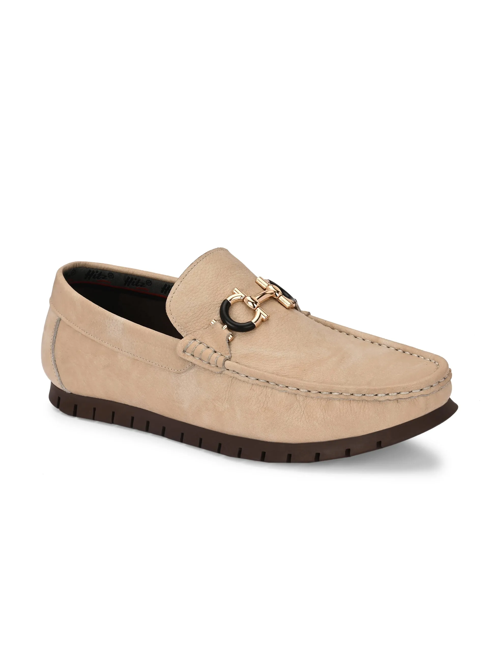 Hitz Men's Beige Leather Casual Loafers