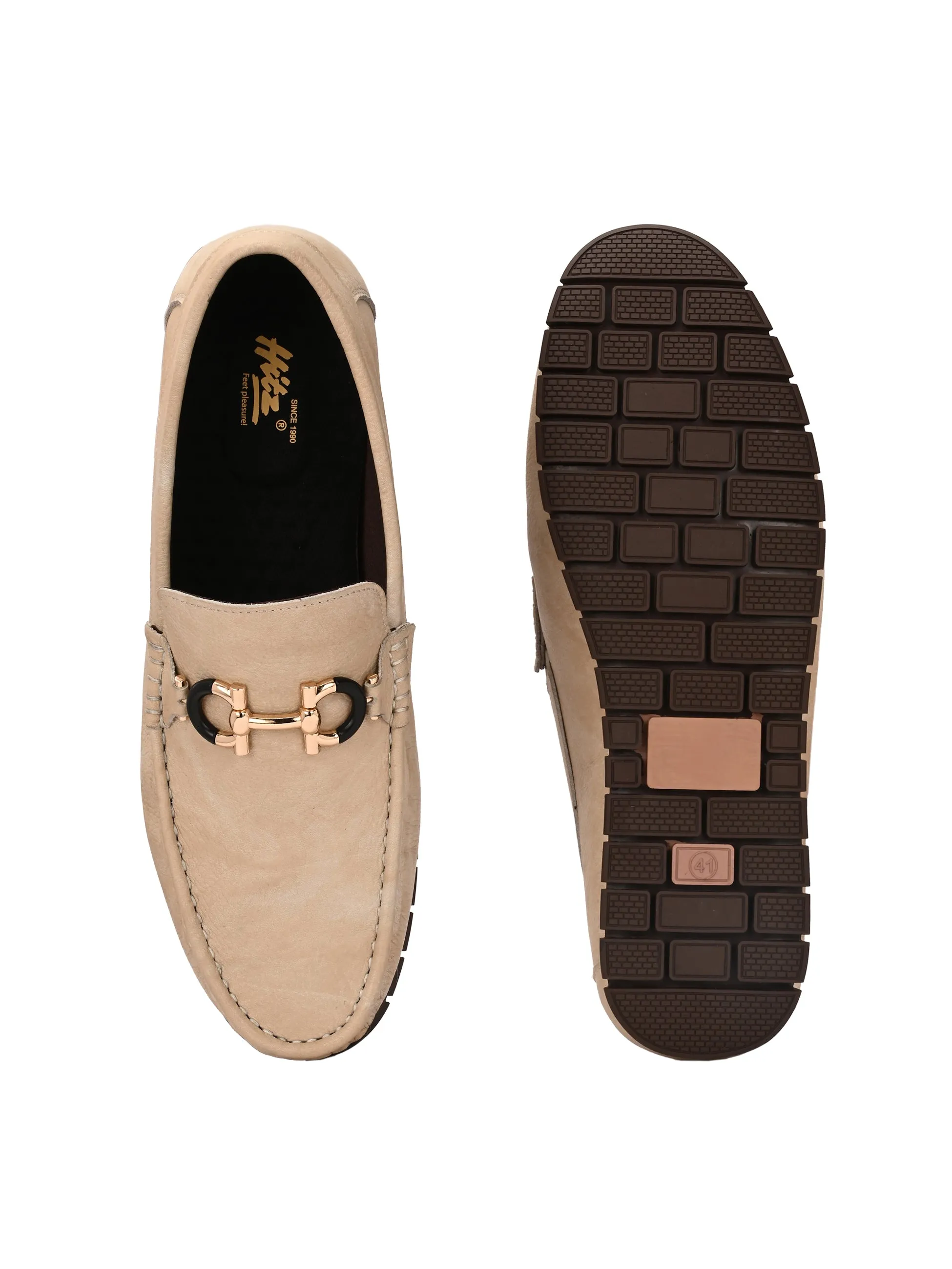 Hitz Men's Beige Leather Casual Loafers