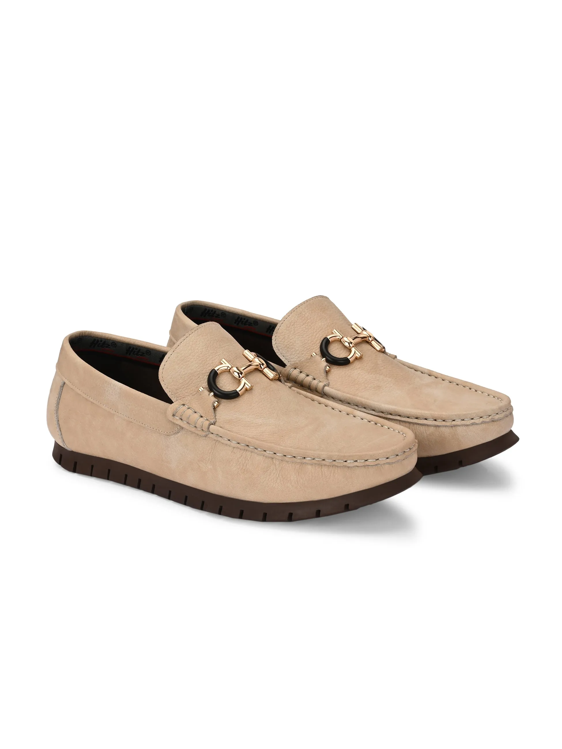 Hitz Men's Beige Leather Casual Loafers