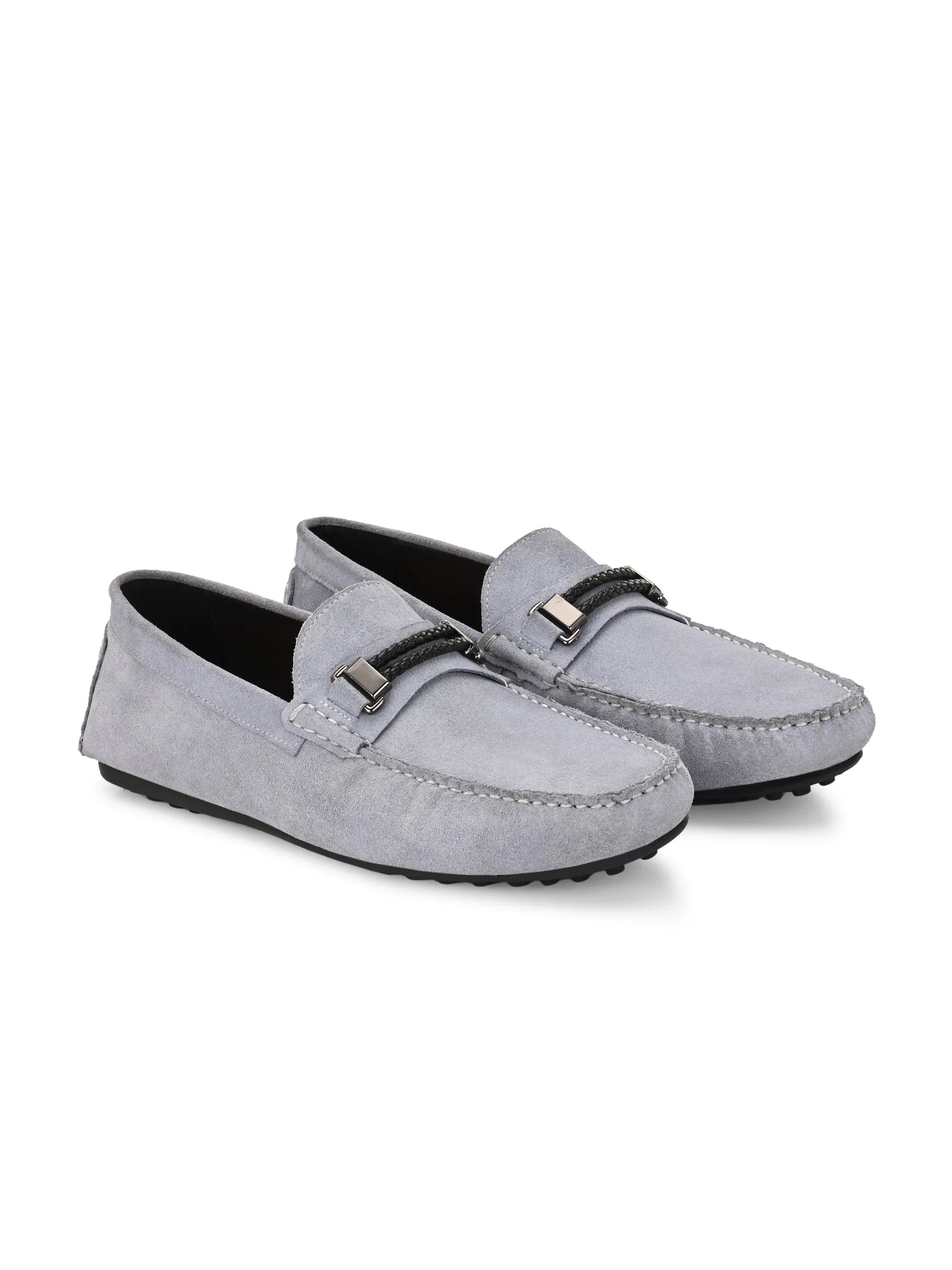 Hitz Men's Grey Leather Casual Loafers