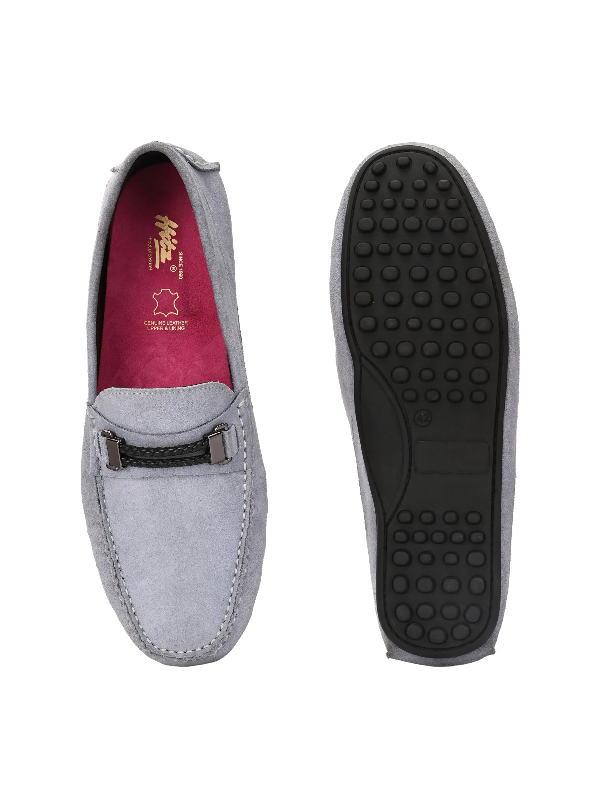 Hitz Men's Grey Leather Casual Loafers