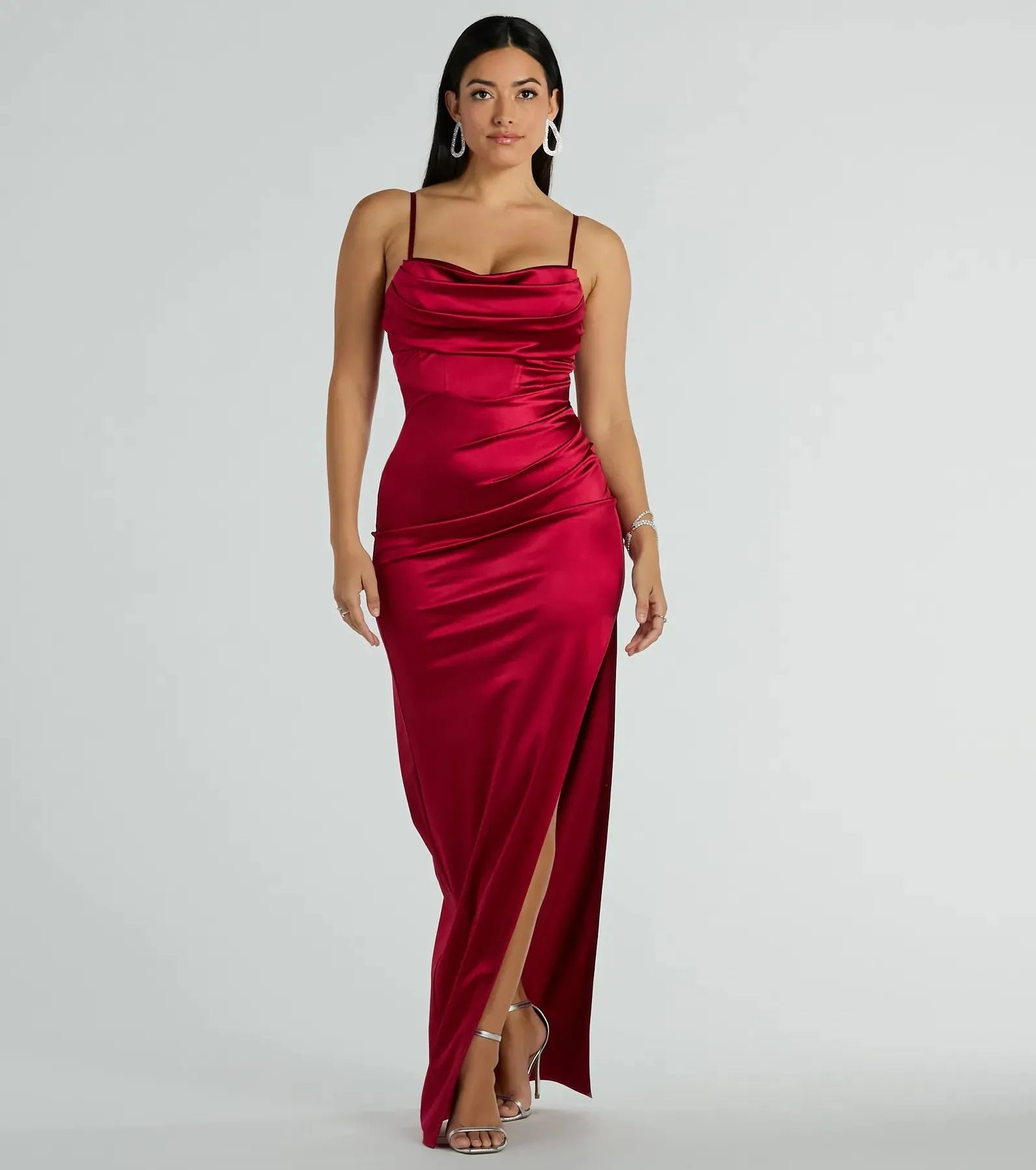 Iliana Cowl Neck High Slit Satin Formal Dress