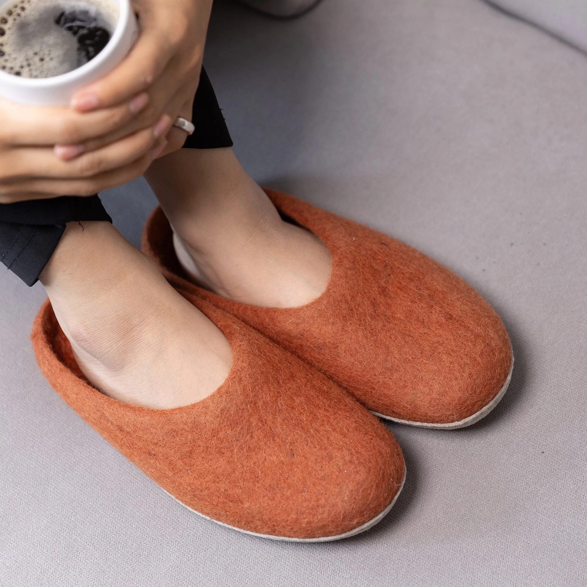 KUUMA - Orange Wool Felt Slippers Bold, Cozy, Handmade Winter Shoes for Women