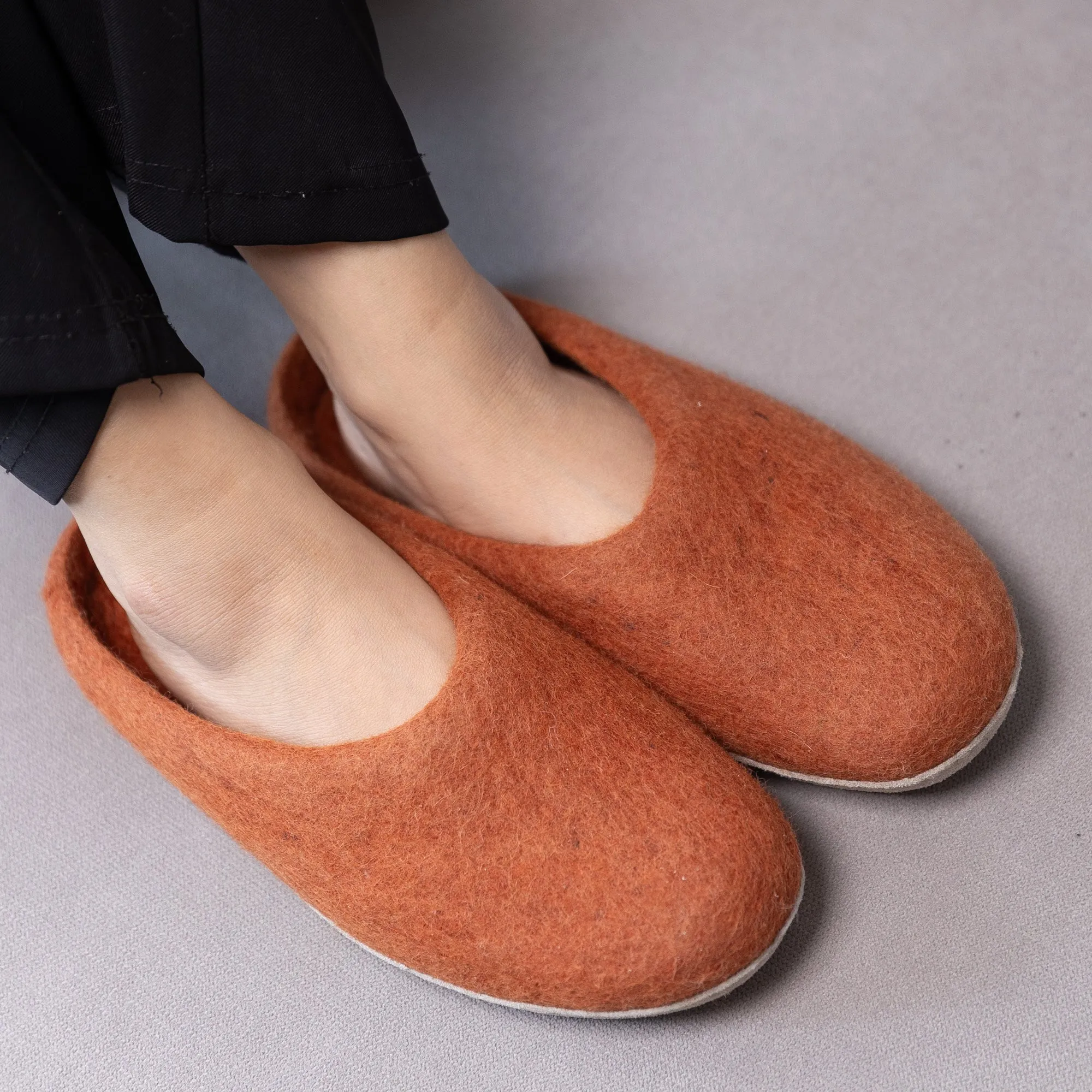 KUUMA - Orange Wool Felt Slippers Bold, Cozy, Handmade Winter Shoes for Women