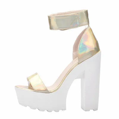 Laser PU Sandals Ultra Platform Thick High Heels Sandals Sexy Peep Toe Shoes For Women Fashion A word Belt Sandals