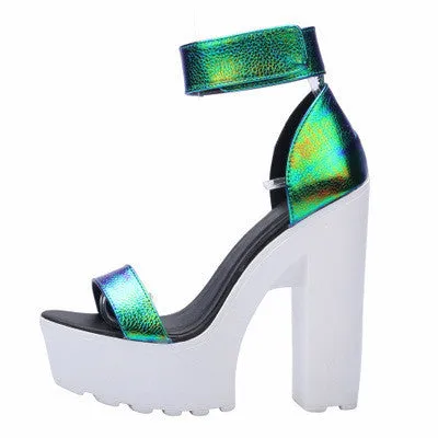 Laser PU Sandals Ultra Platform Thick High Heels Sandals Sexy Peep Toe Shoes For Women Fashion A word Belt Sandals
