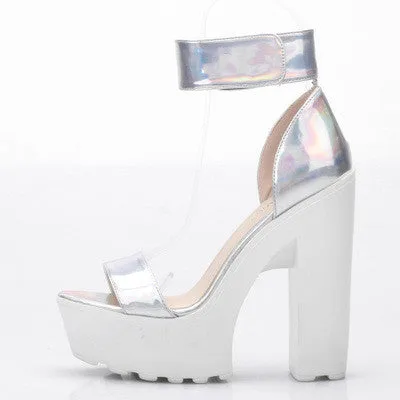 Laser PU Sandals Ultra Platform Thick High Heels Sandals Sexy Peep Toe Shoes For Women Fashion A word Belt Sandals