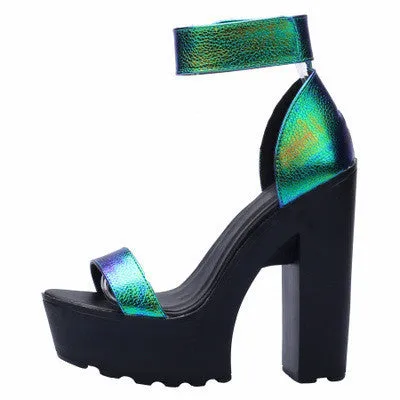 Laser PU Sandals Ultra Platform Thick High Heels Sandals Sexy Peep Toe Shoes For Women Fashion A word Belt Sandals