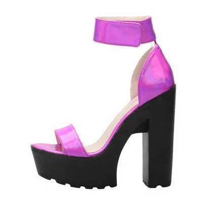 Laser PU Sandals Ultra Platform Thick High Heels Sandals Sexy Peep Toe Shoes For Women Fashion A word Belt Sandals