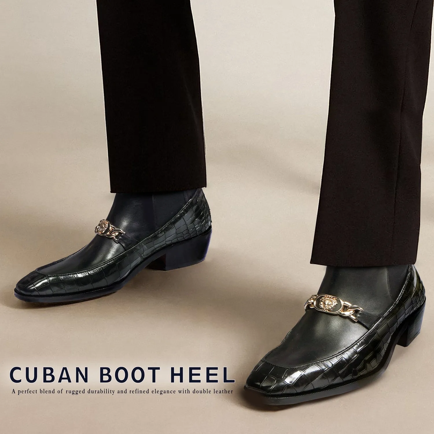 Luxury Black Croco and Plain Leather Cuban Heel Boots with Metal Chain Logo