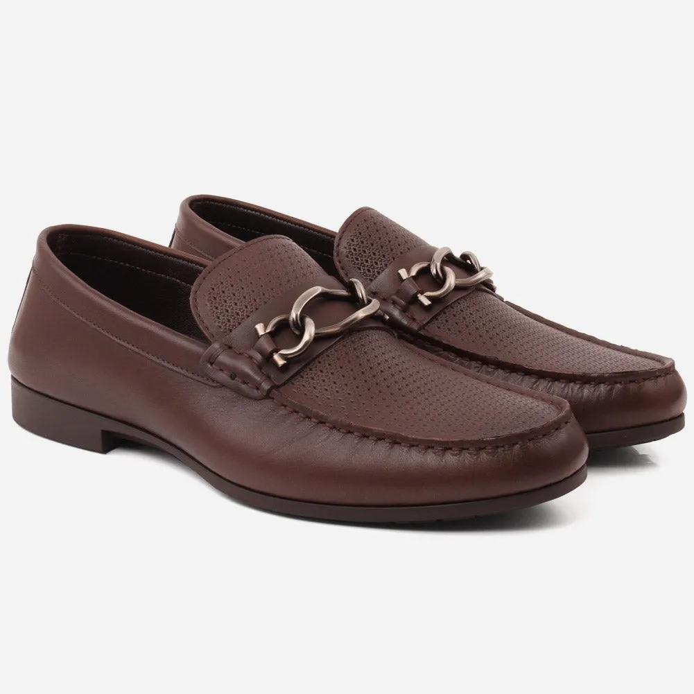 Men "VICENTE" Casual Perforated Slip On Metallic Buckle Leather Moccasins