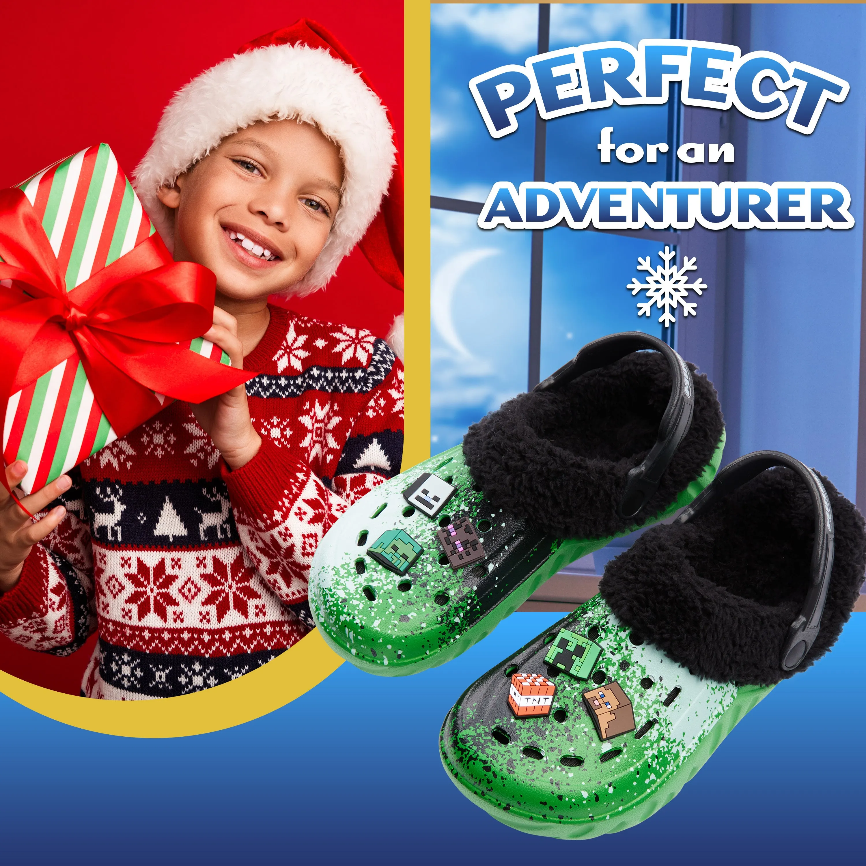 Minecraft Boys Winter Clogs Fleece Lining & Charms, Kids Teens Garden Shoes Slip On with Strap
