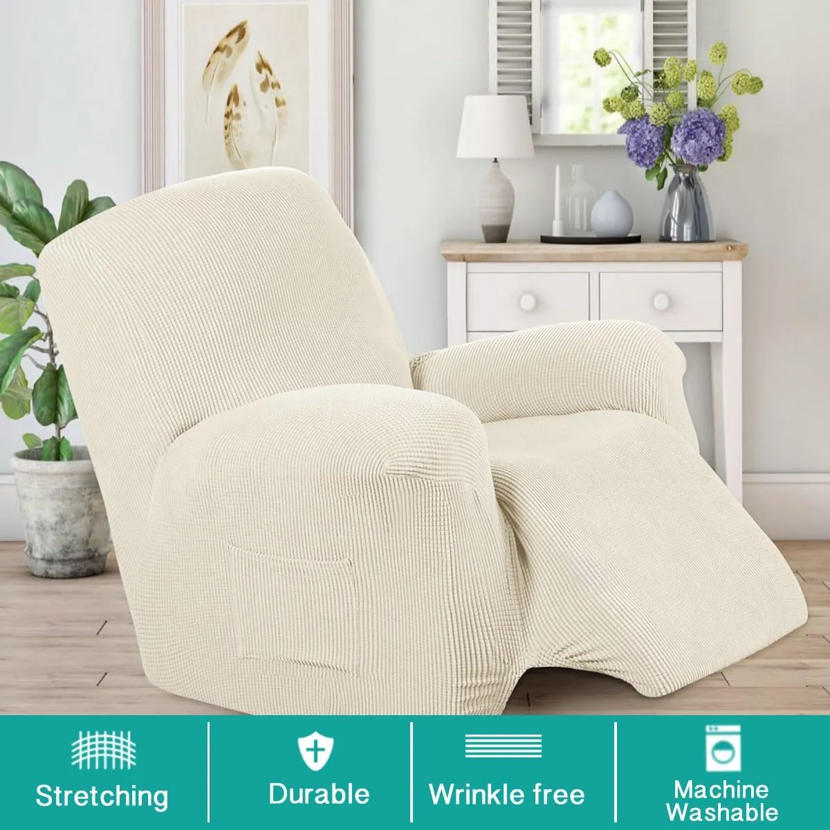 NEW Stretch Recliner Chair Cover Recliner Covers Slipcovers 1-Piece Durable Soft Jacquard Sofa Furniture Cover Form Fit Stylish Recliner Slipcover/Protector, Machine Washable, Natural