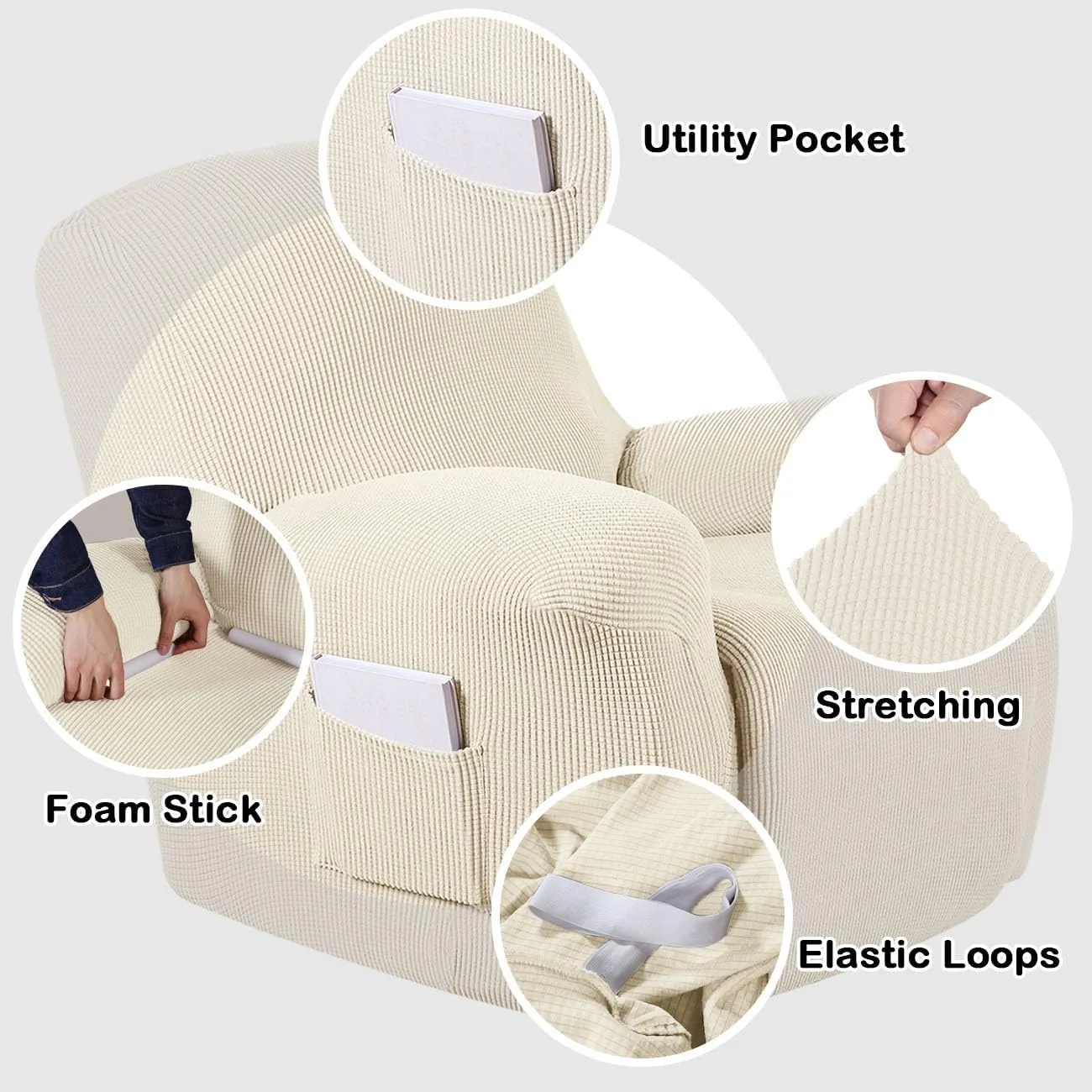 NEW Stretch Recliner Chair Cover Recliner Covers Slipcovers 1-Piece Durable Soft Jacquard Sofa Furniture Cover Form Fit Stylish Recliner Slipcover/Protector, Machine Washable, Natural