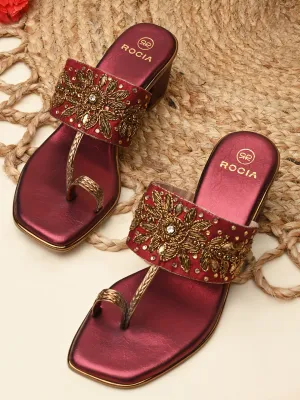 Rocia By Regal Maroon Women One Toe Embroidered Block Heel Sandals