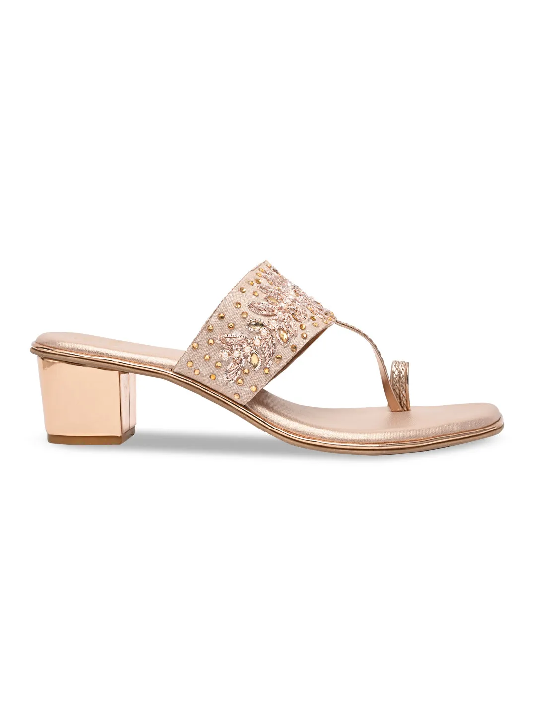 Rocia By Regal Rose Gold Women One Toe Embroidered Block Heel Sandals