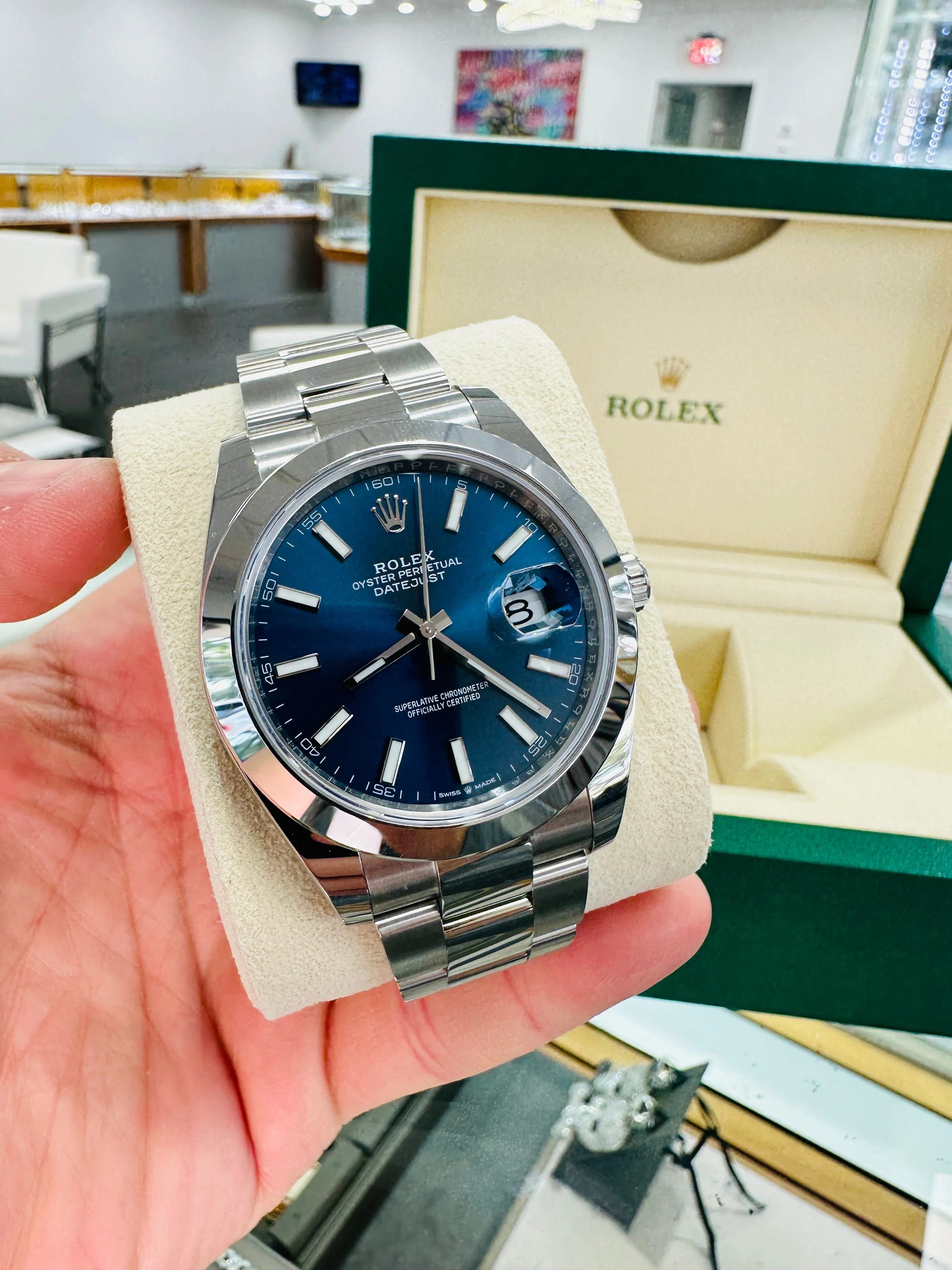 Rolex Datejust 41mm 126300 Blue Stick Dial Smooth Bezel Box  and Papers Unworn