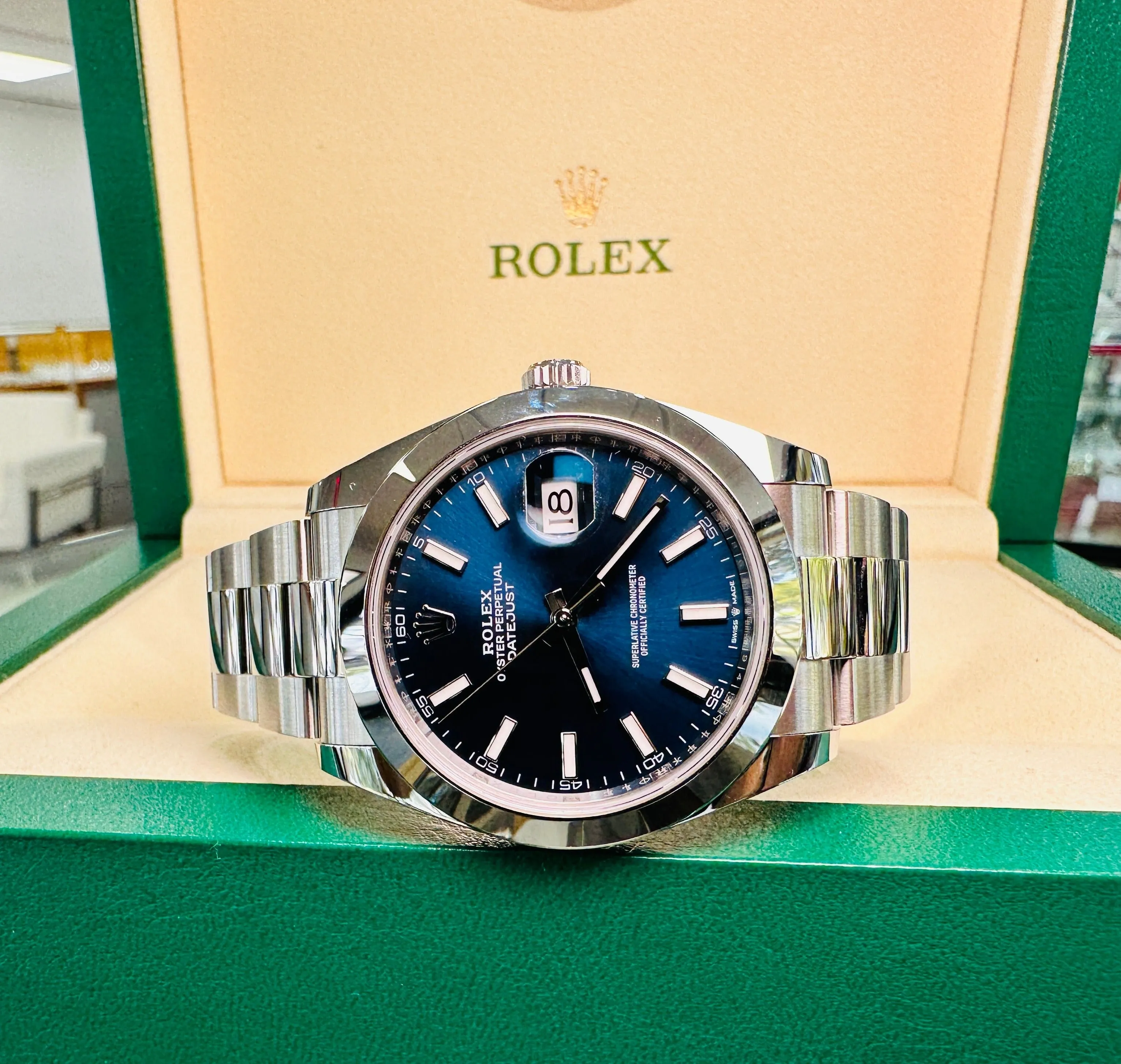 Rolex Datejust 41mm 126300 Blue Stick Dial Smooth Bezel Box  and Papers Unworn