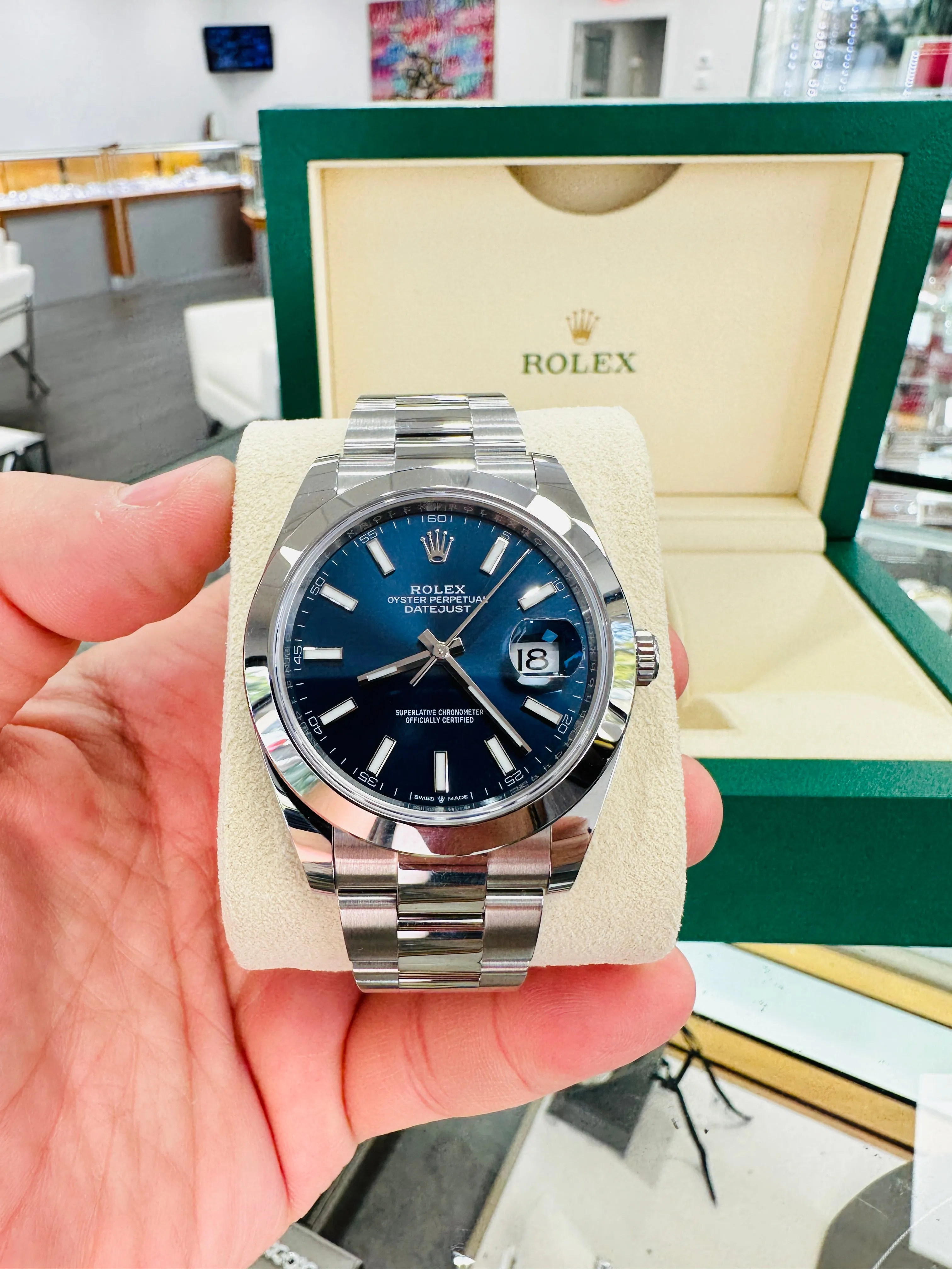 Rolex Datejust 41mm 126300 Blue Stick Dial Smooth Bezel Box  and Papers Unworn