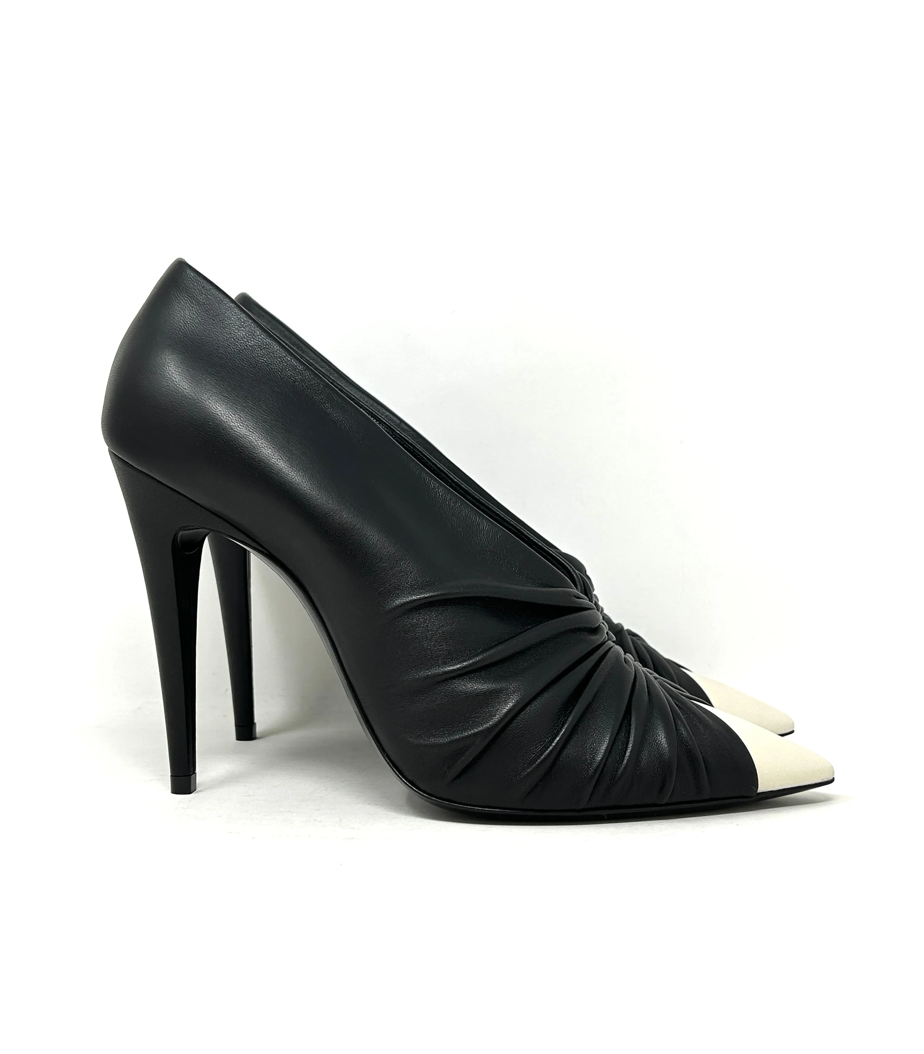 Saint Laurent Vivi 110 Black Leather White Toe Ruched Pump Heels Booties 41.5 UK 8.5