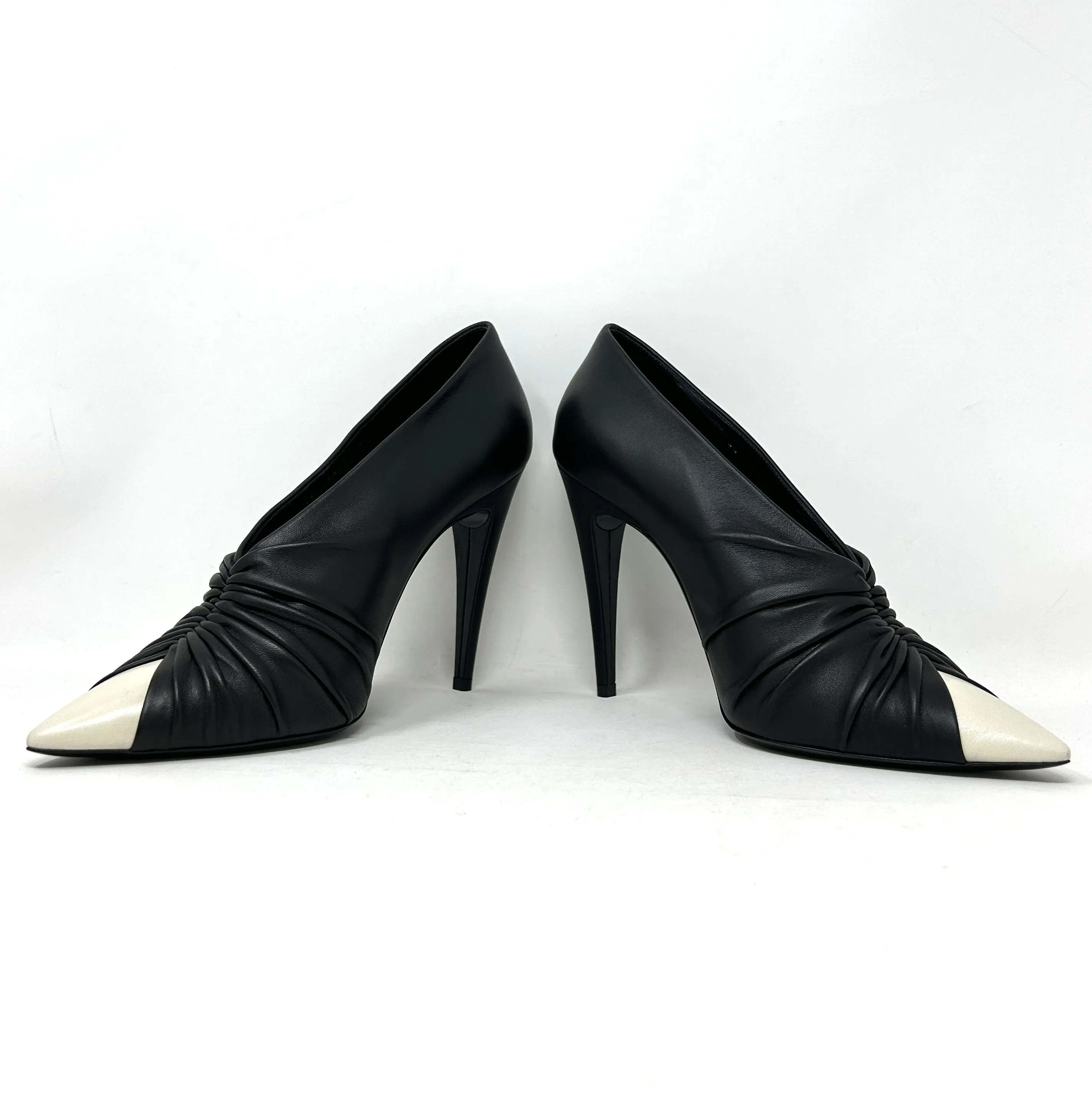Saint Laurent Vivi 110 Black Leather White Toe Ruched Pump Heels Booties 41.5 UK 8.5