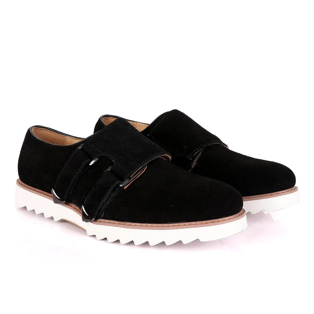 Salvatore Ferragamo Men's Black Suede Shoes with Double Buckle