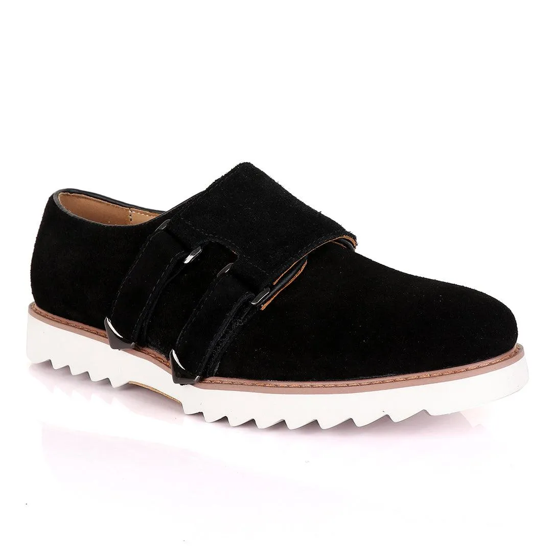 Salvatore Ferragamo Men's Black Suede Shoes with Double Buckle