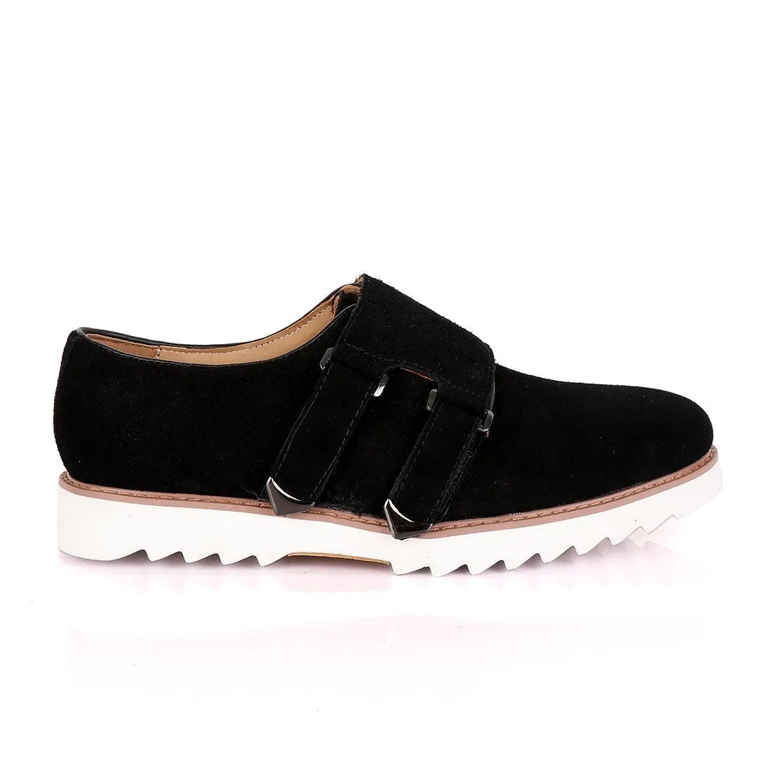 Salvatore Ferragamo Men's Black Suede Shoes with Double Buckle