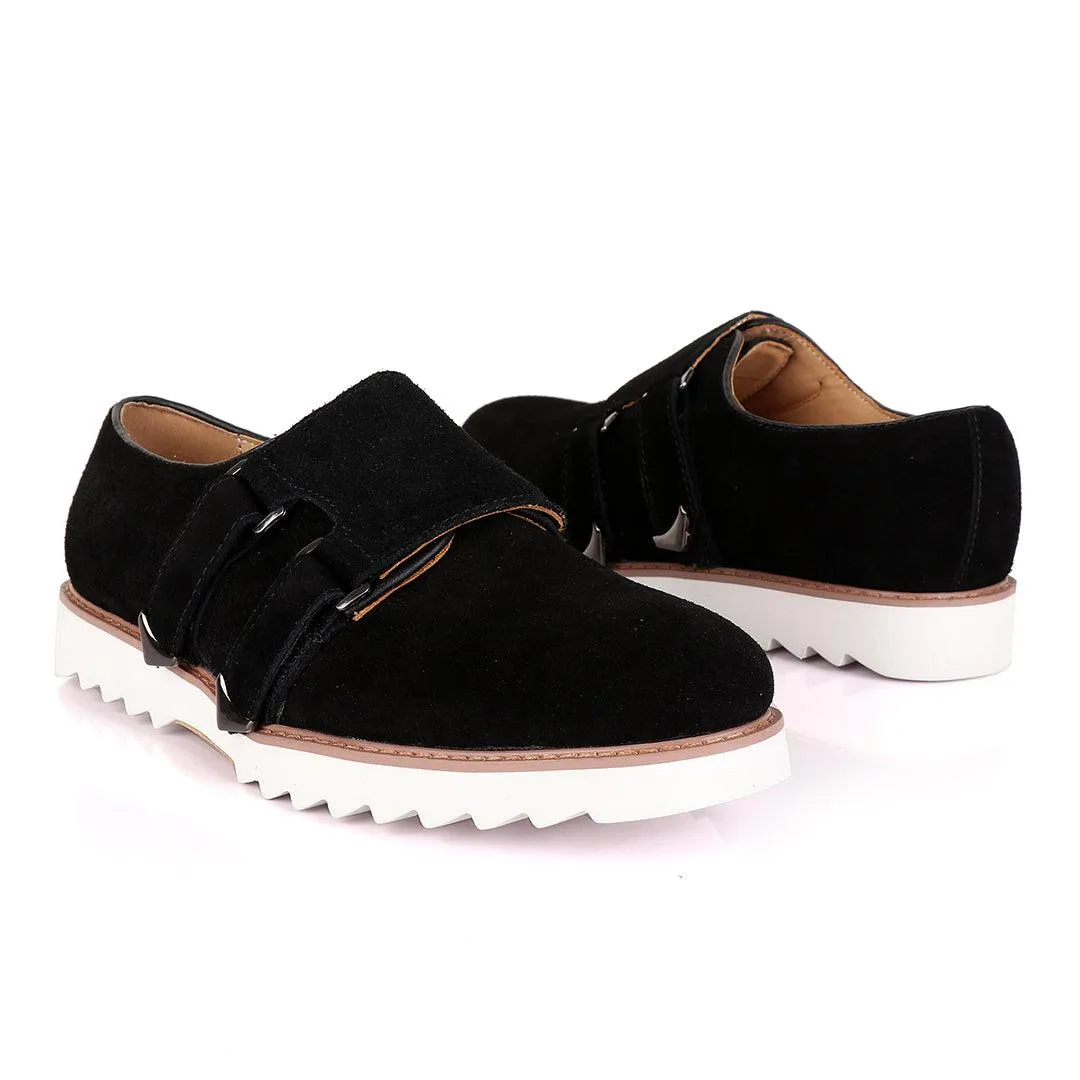 Salvatore Ferragamo Men's Black Suede Shoes with Double Buckle